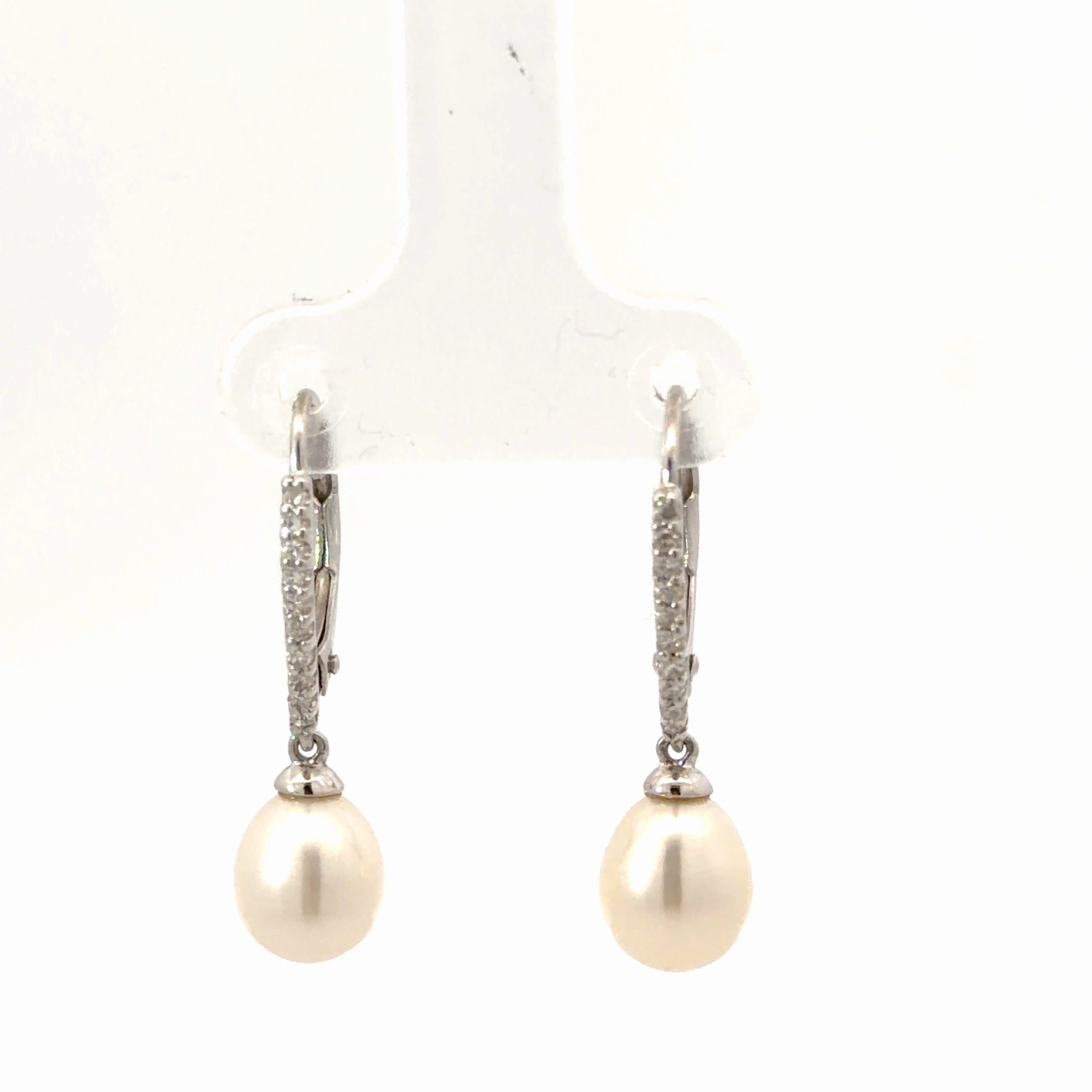 14k White Gold .15ct G SI1 Round Diamond/ Fresh Water White Pearl  Dangle Drop Lever Back Hoop Earrings