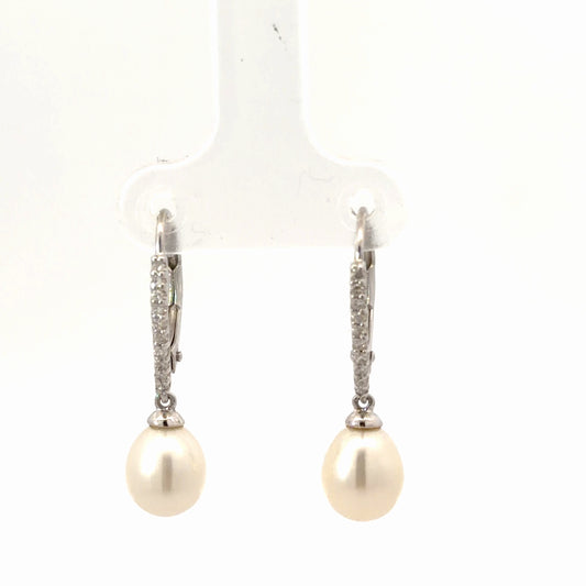 14k White Gold .15ct G SI1 Round Diamond/ Fresh Water White Pearl Dangle Drop Lever Back Hoop Earrings