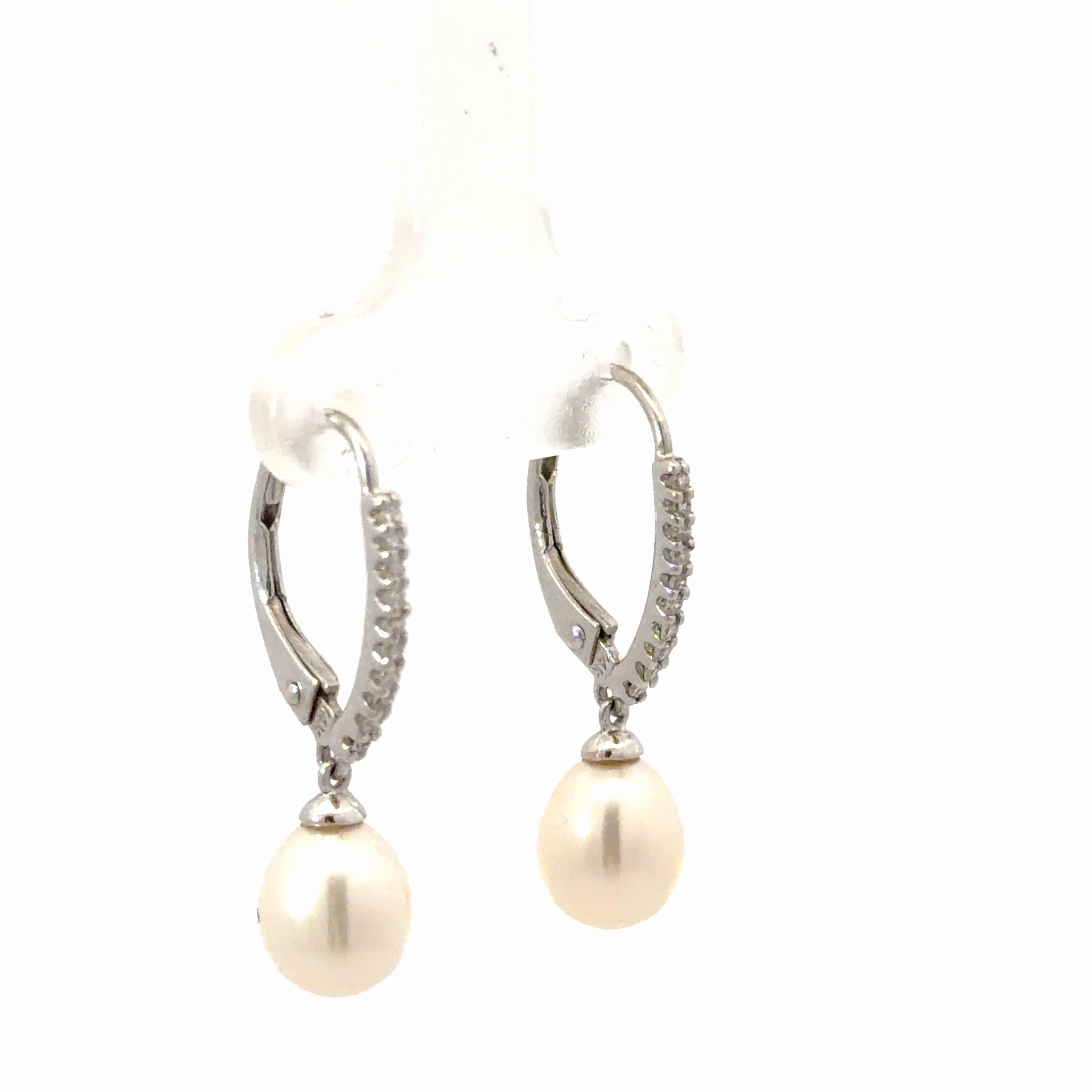 14k White Gold .15ct G SI1 Round Diamond/ Fresh Water White Pearl  Dangle Drop Lever Back Hoop Earrings