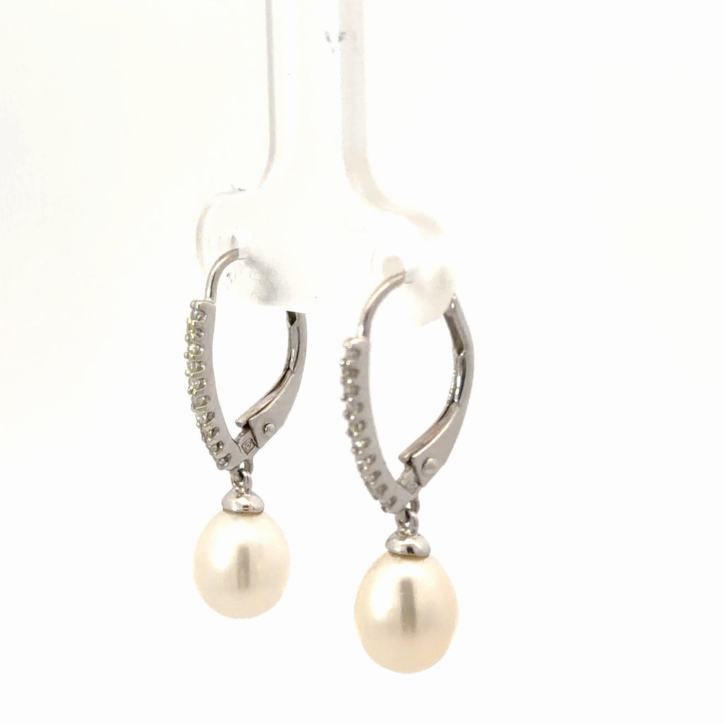 14k White Gold .15ct G SI1 Round Diamond/ Fresh Water White Pearl  Dangle Drop Lever Back Hoop Earrings