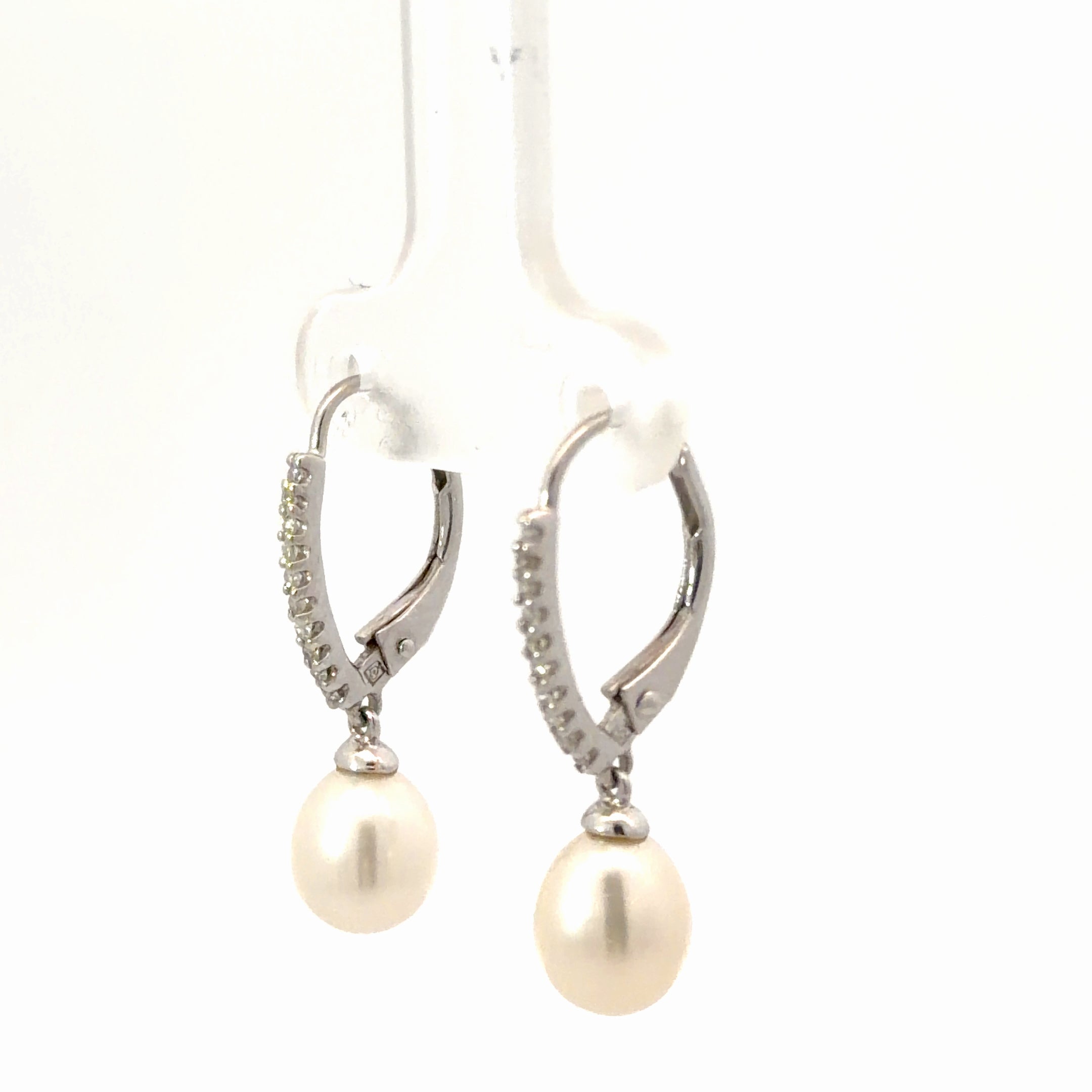 14k White Gold .15ct G SI1 Round Diamond/ Fresh Water White Pearl  Dangle Drop Lever Back Hoop Earrings