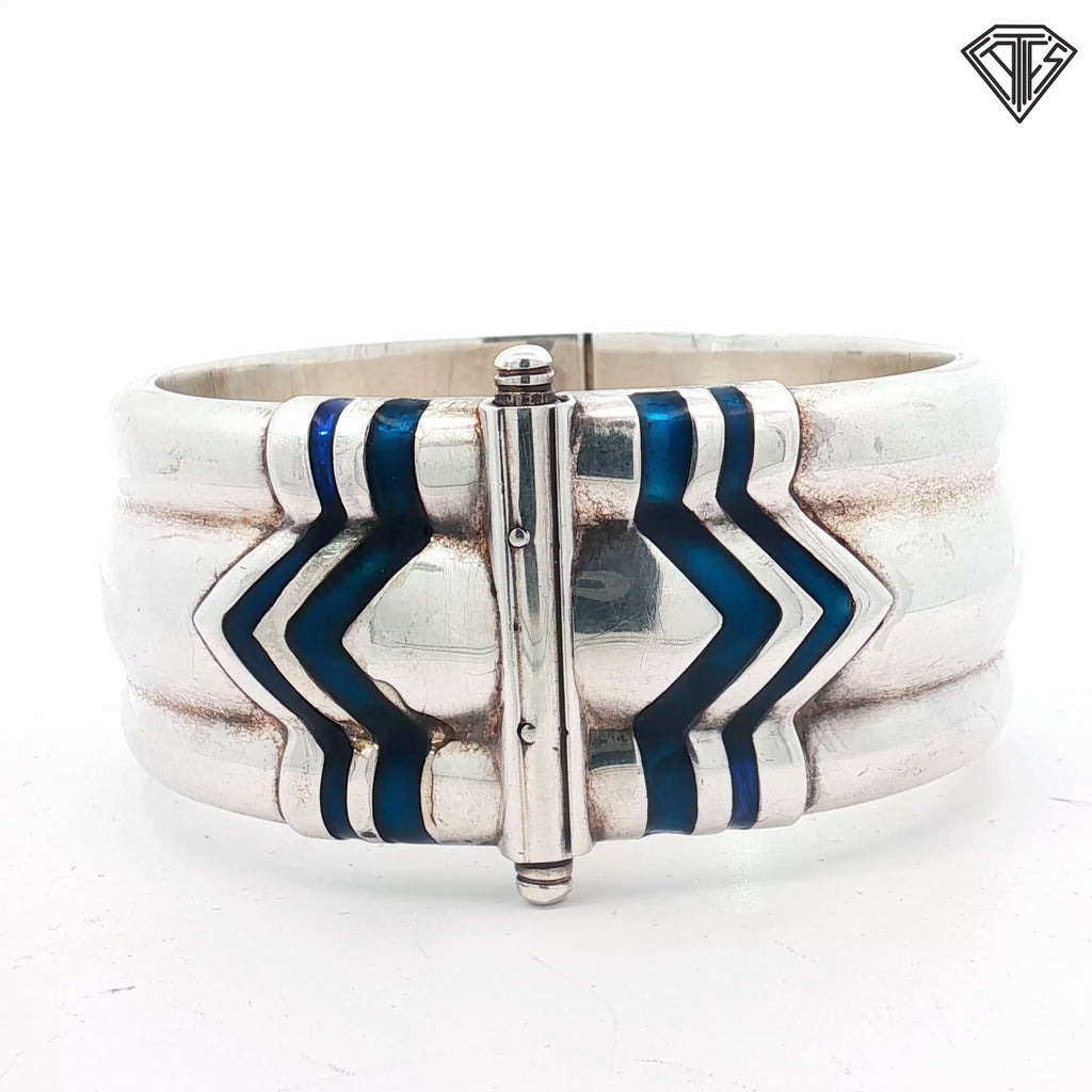 Pre-Loved Wide Sterling Silver, with Blue Enamel Gucci Bangle