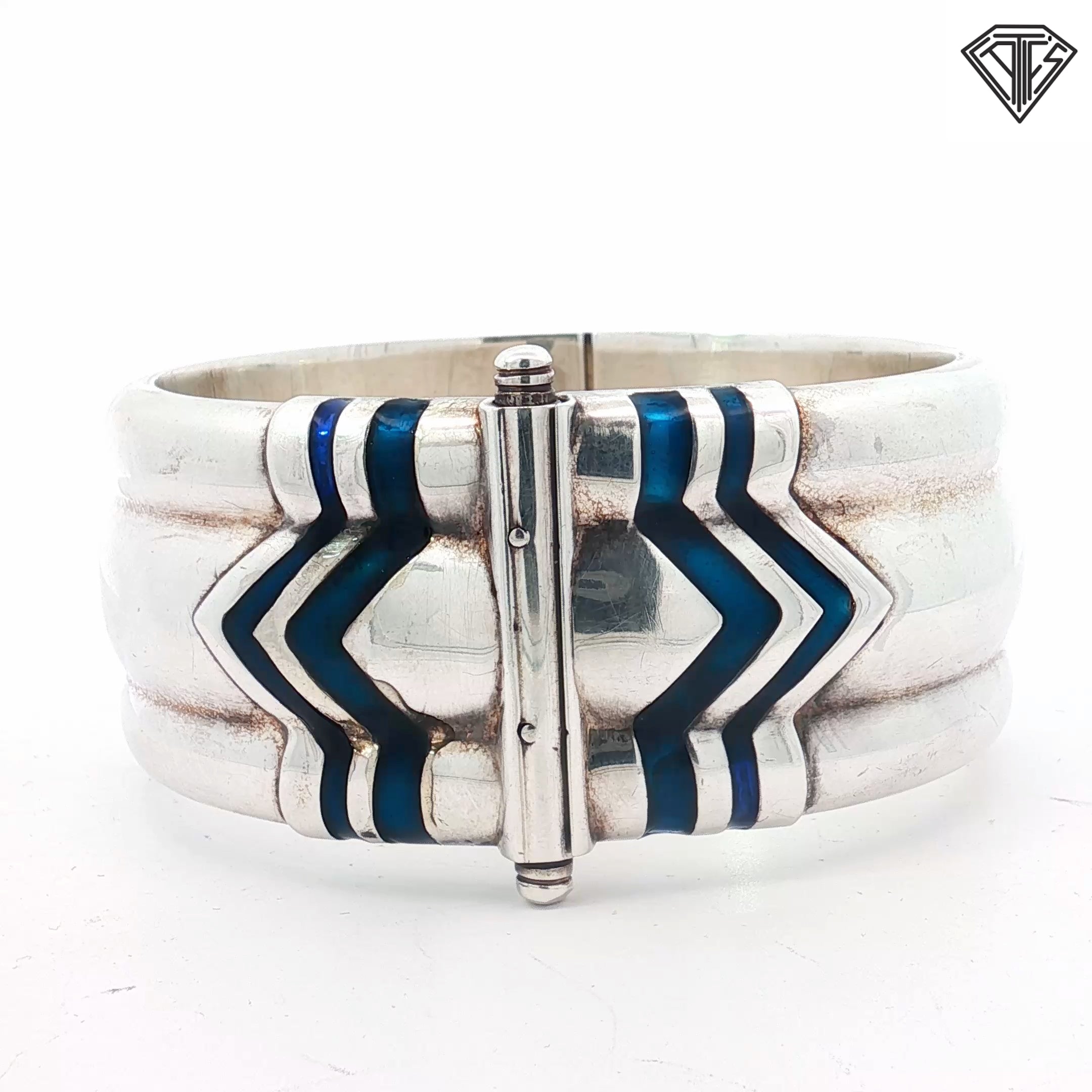Pre-Loved Wide Sterling Silver, with Blue Enamel Gucci Bangle