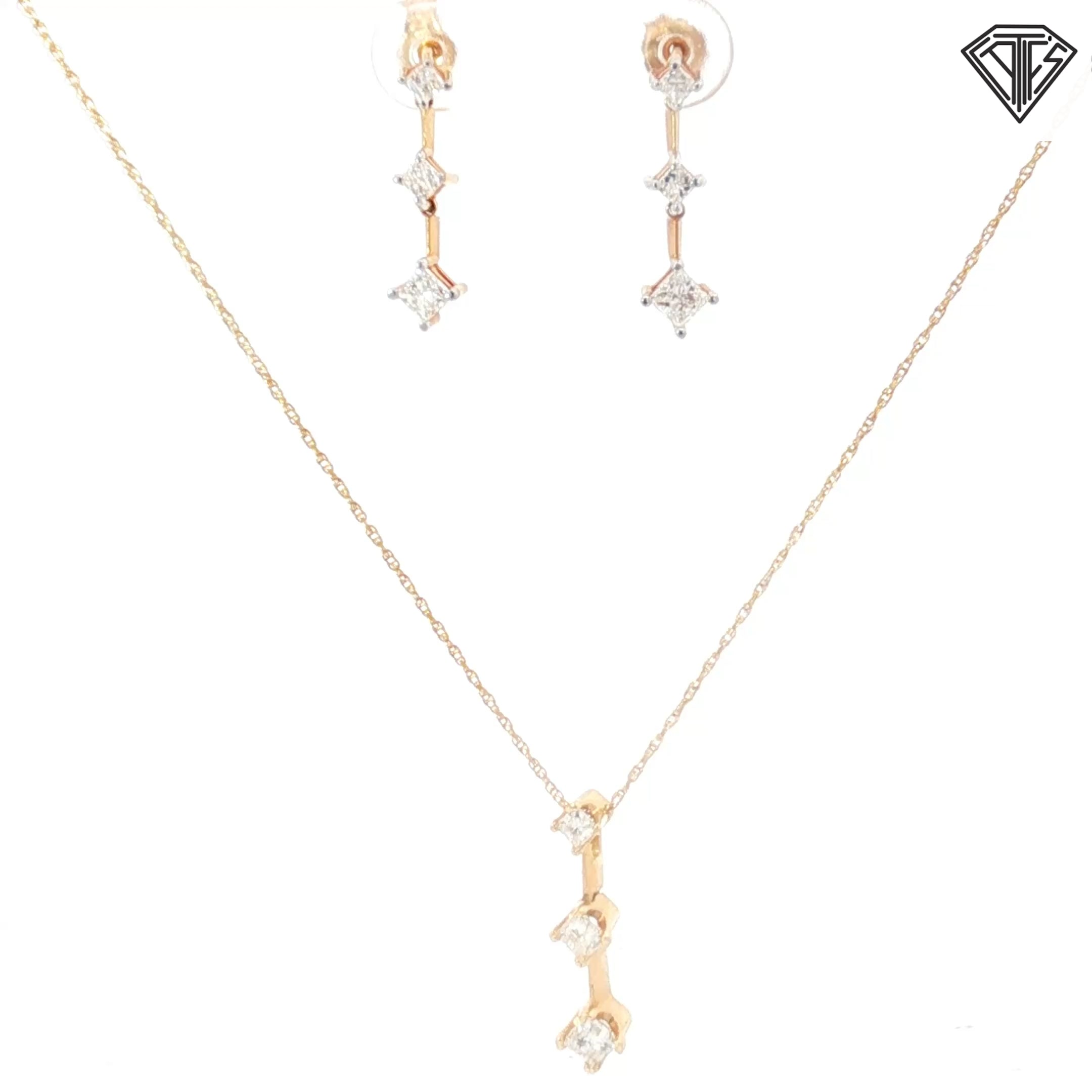 14k Yellow Gold 1.00ct F SI1 Princess Cut Diamond Present, Past and Future Earrings / Pendant Set