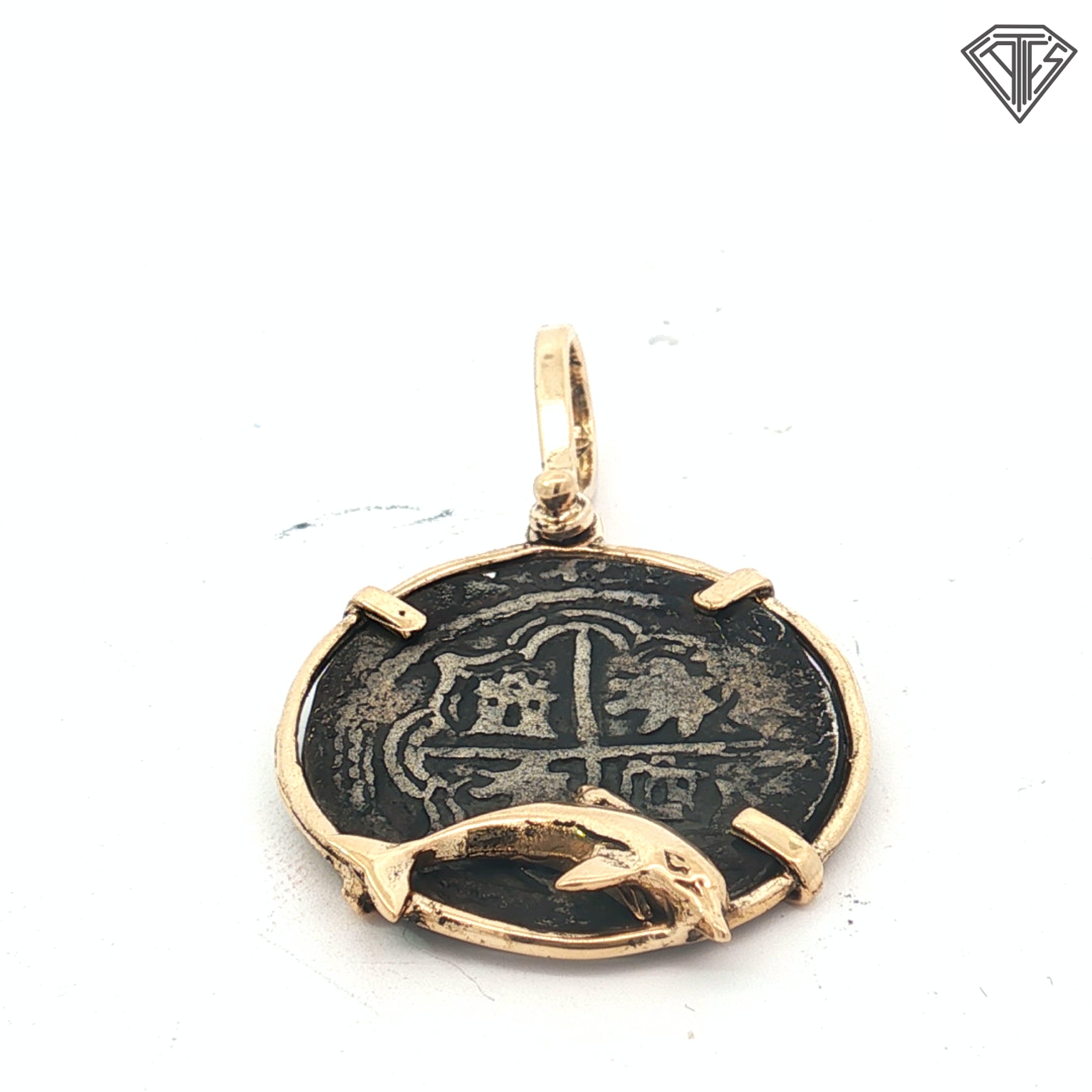 14k Yellow Gold Atocha Coin with Dolphin Frame Pendant