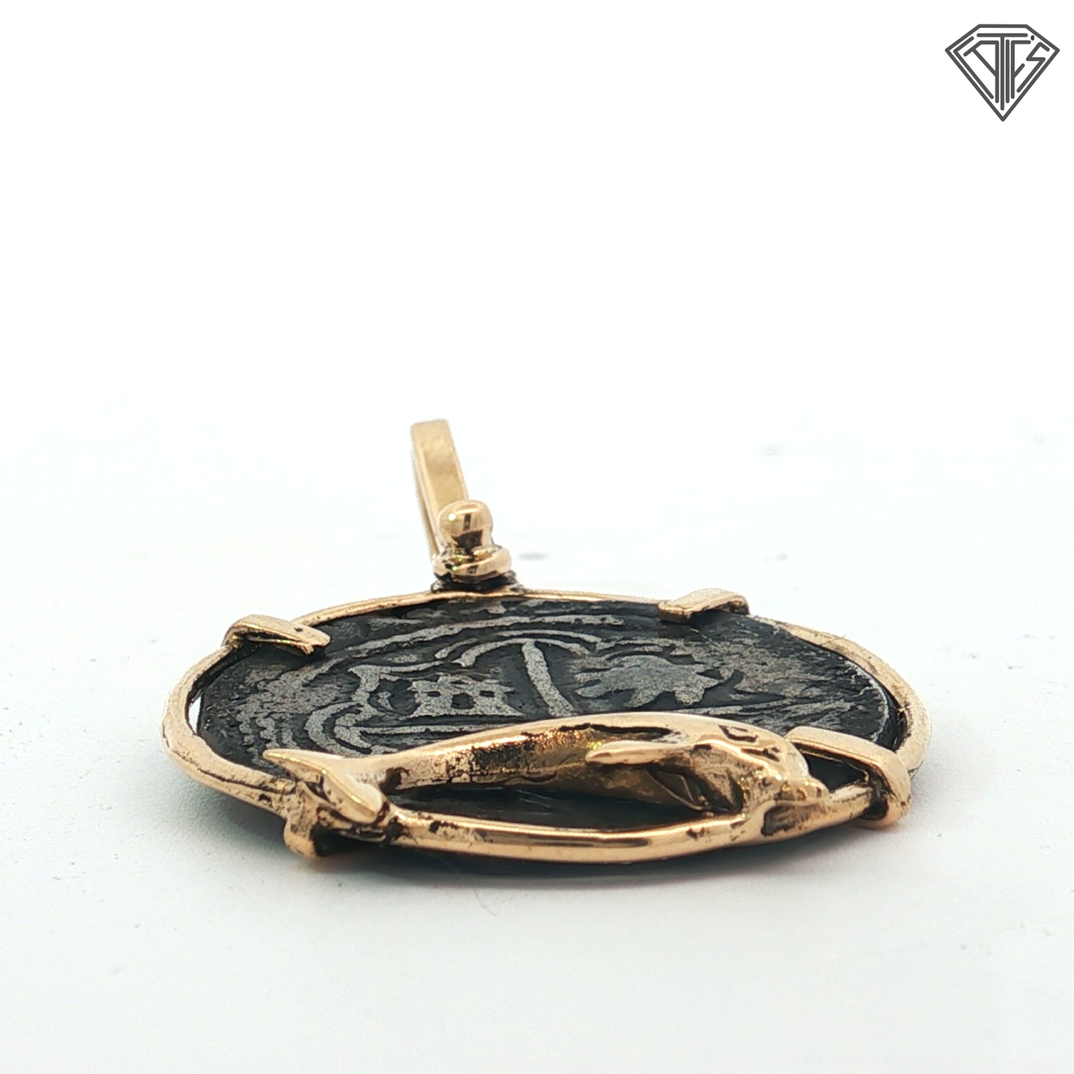 14k Yellow Gold Atocha Coin with Dolphin Frame Pendant