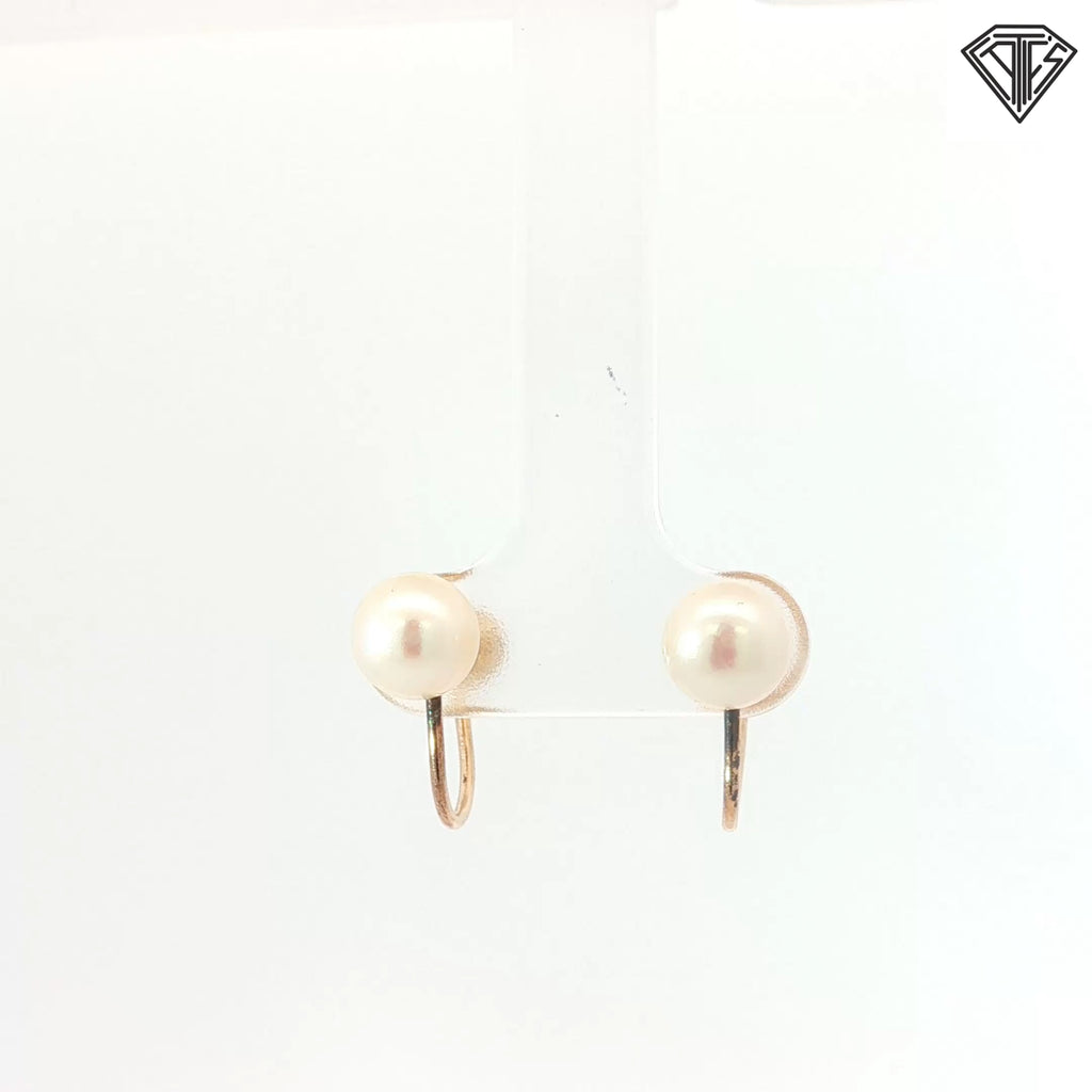 14k Yellow Gold Vintage Pearl Screw on Drop Earrings Non Pursed 7mm