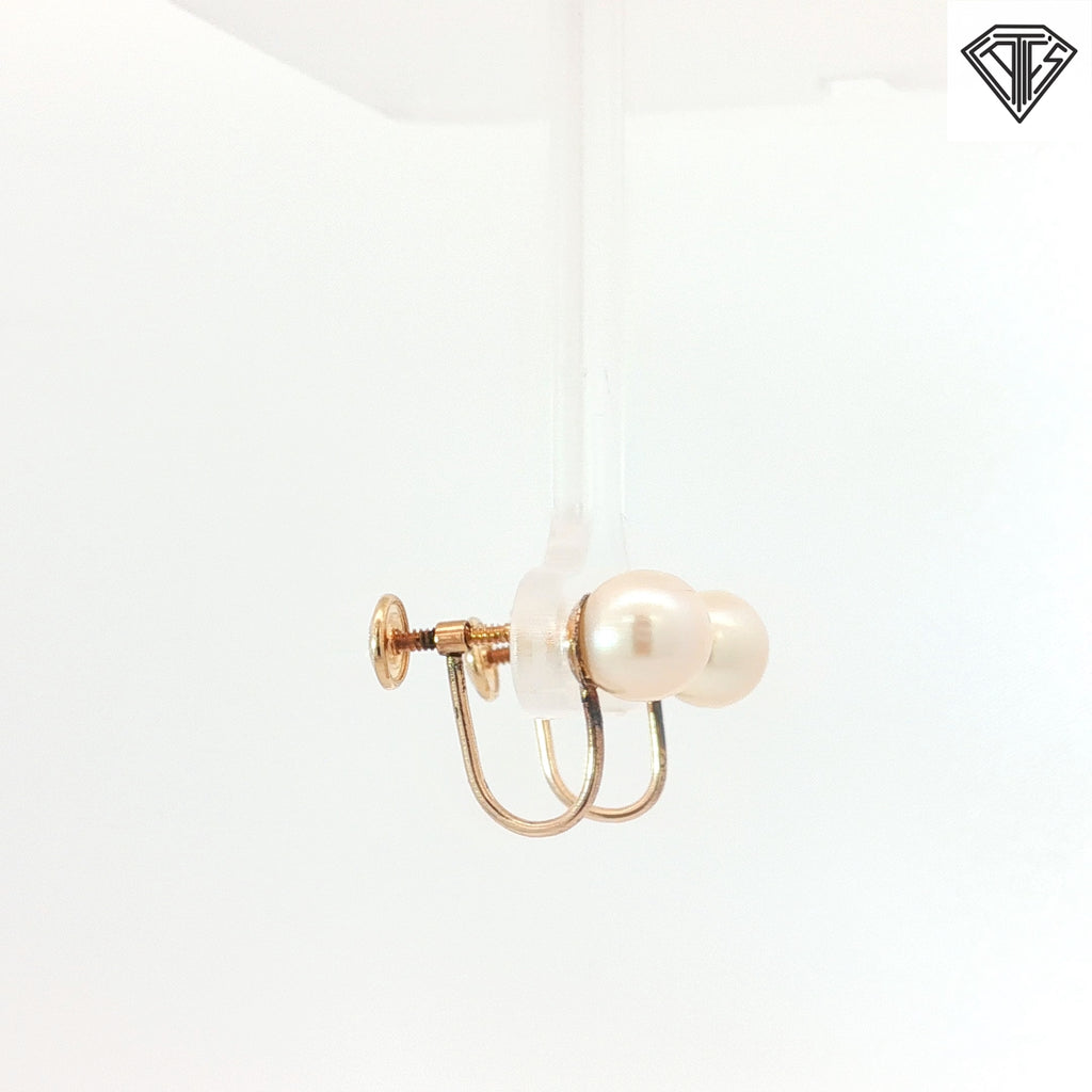 14k Yellow Gold Vintage Pearl Screw on Drop Earrings Non Pursed 7mm