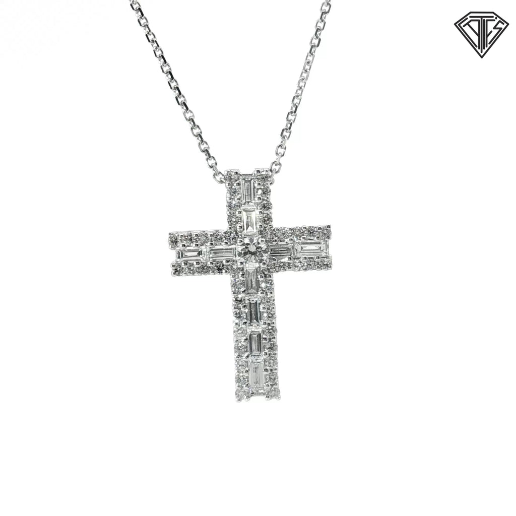 18k White Gold 1.02ct F VS1 Round and Baguette Designer Cross