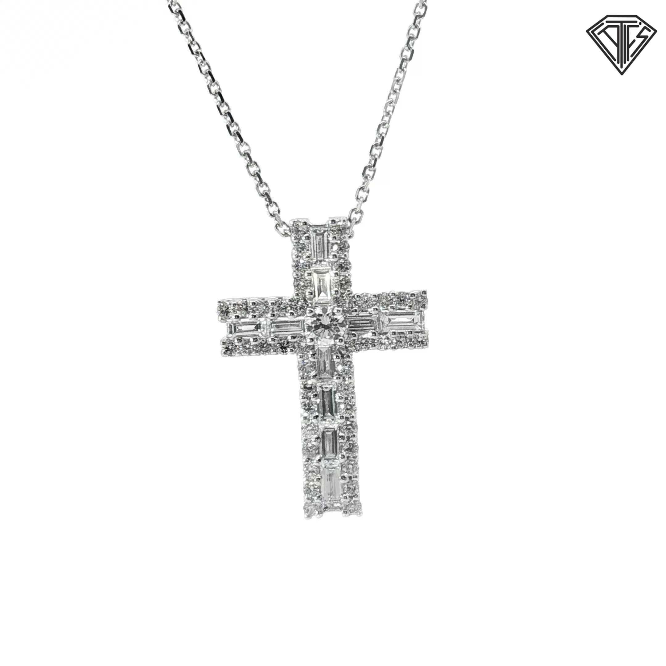 18k White Gold 1.02ct F VS1 Round and Baguette Designer Cross