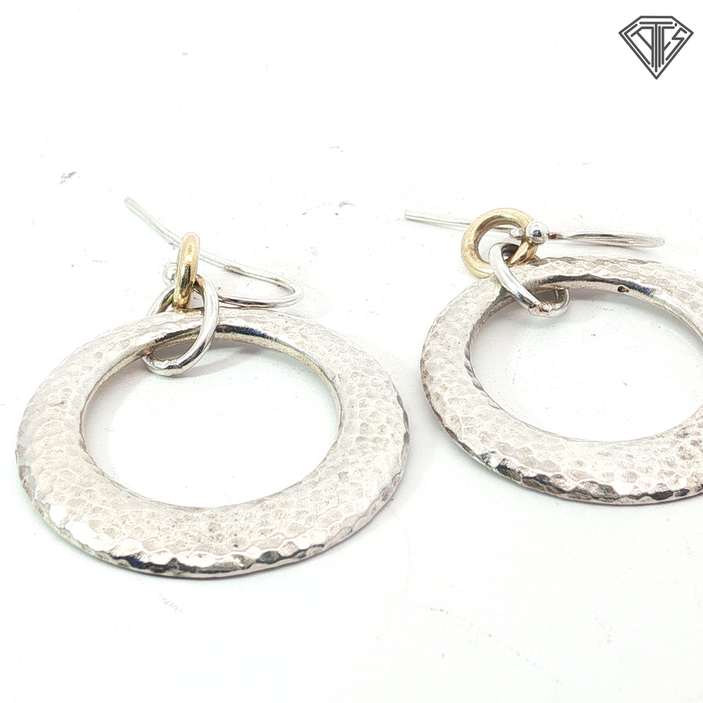 Pre-Loved Durham 14k Yellow Gold and Silver Hammered Circle Hoop Earrings 1"inch