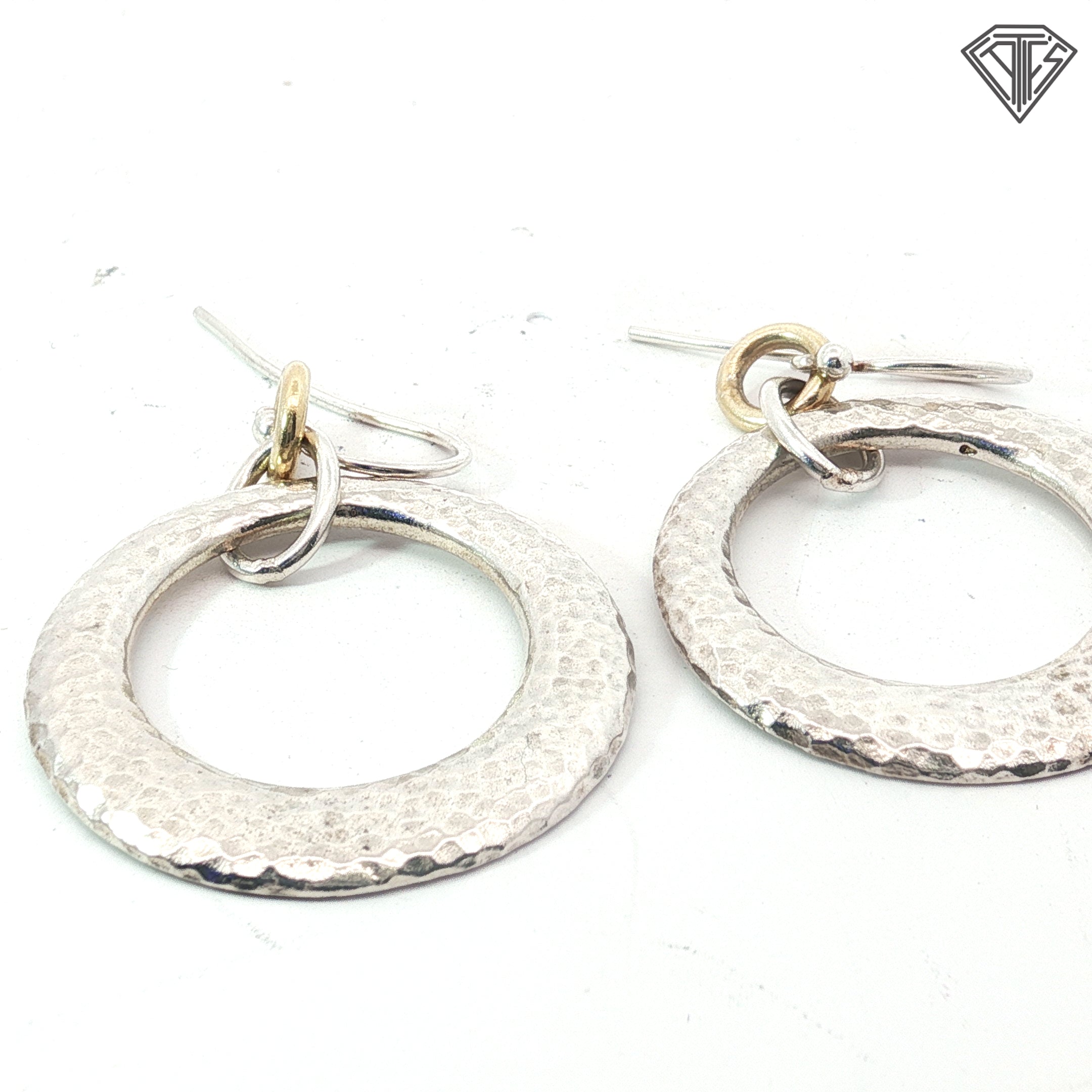 Pre-Loved Durham 14k Yellow Gold and Silver Hammered Circle Hoop Earrings 1"inch