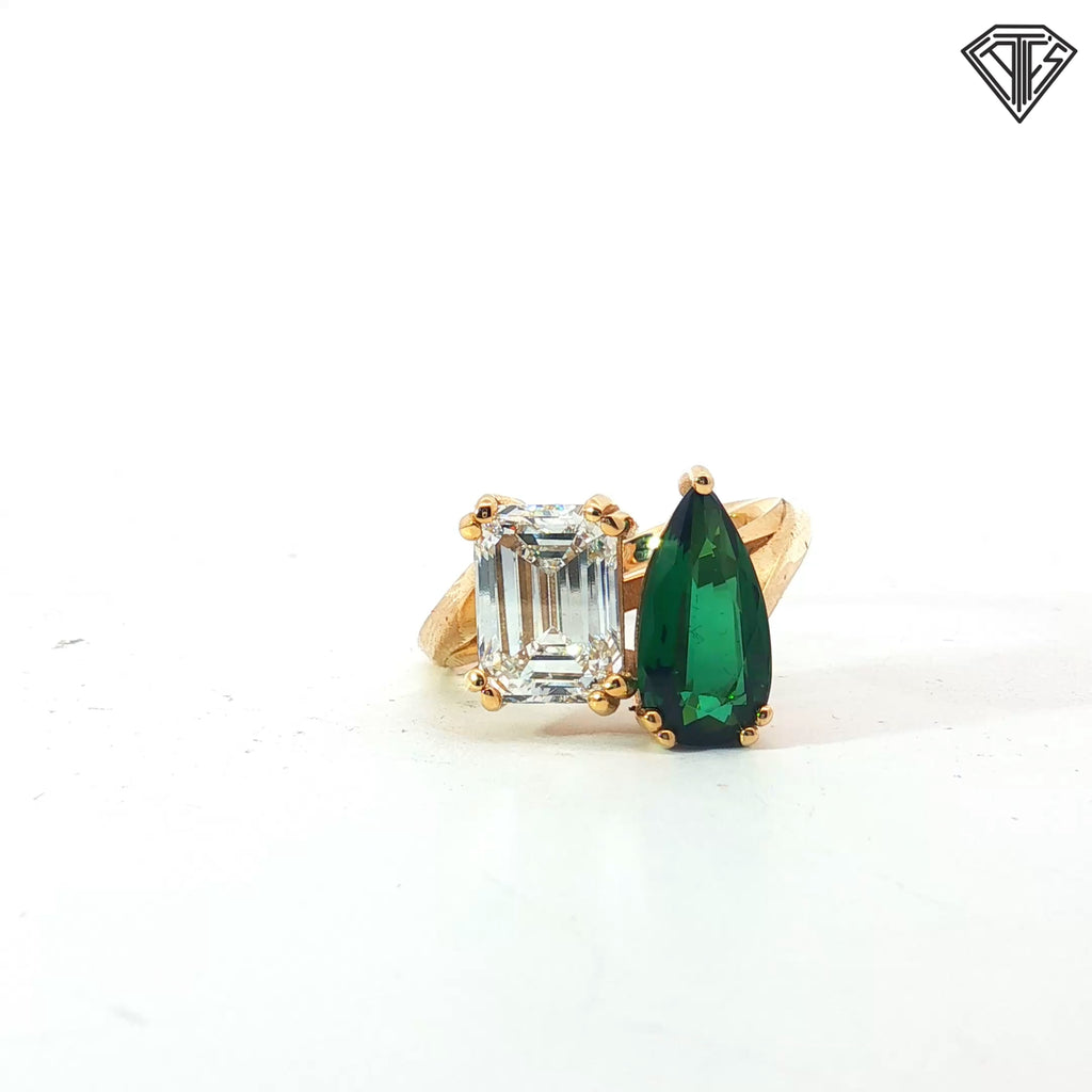18k Yellow Gold 3.02ct E VS2 Emerald Cut Laboratory Grown Diamond / 2.78ct Pear Shape Tourmaline AAA Toi et Moi / Twisted Shank Ring  Certified By IGI #LG669446124 Size 6 1/4
