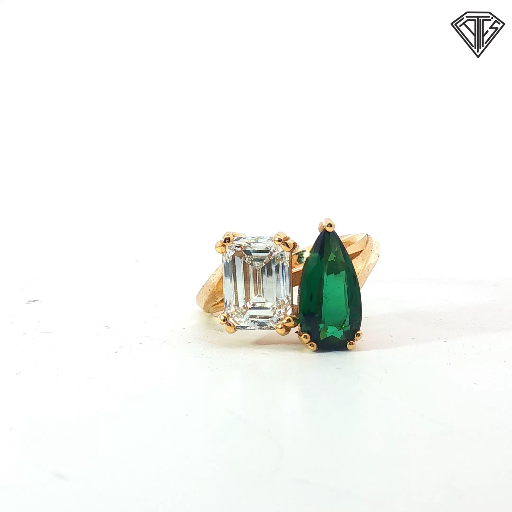 18k Yellow Gold 3.02ct E VS2 Emerald Cut Laboratory Grown Diamond / 2.78ct Pear Shape Tourmaline AAA Toi et Moi / Twisted Shank Ring  Certified By IGI #LG669446124 Size 6 1/4