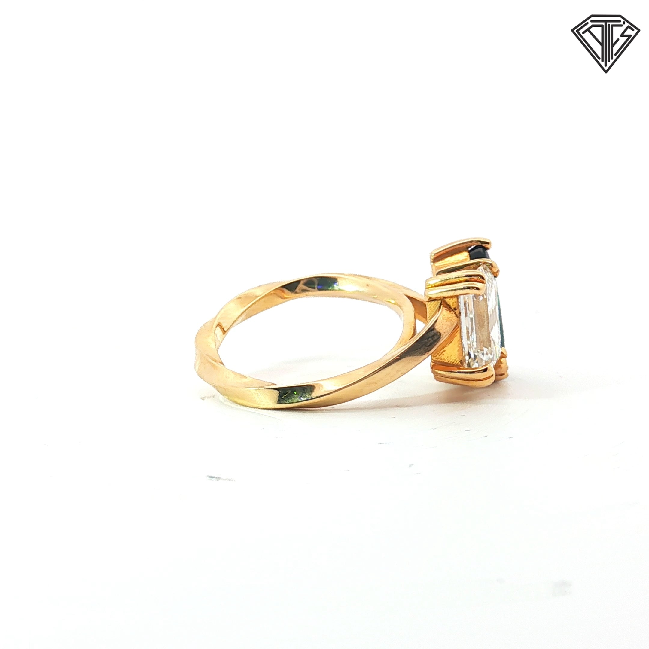 18k Yellow Gold 3.02ct E VS2 Emerald Cut Laboratory Grown Diamond / 2.78ct Pear Shape Tourmaline AAA Toi et Moi / Twisted Shank Ring  Certified By IGI #LG669446124 Size 6 1/4