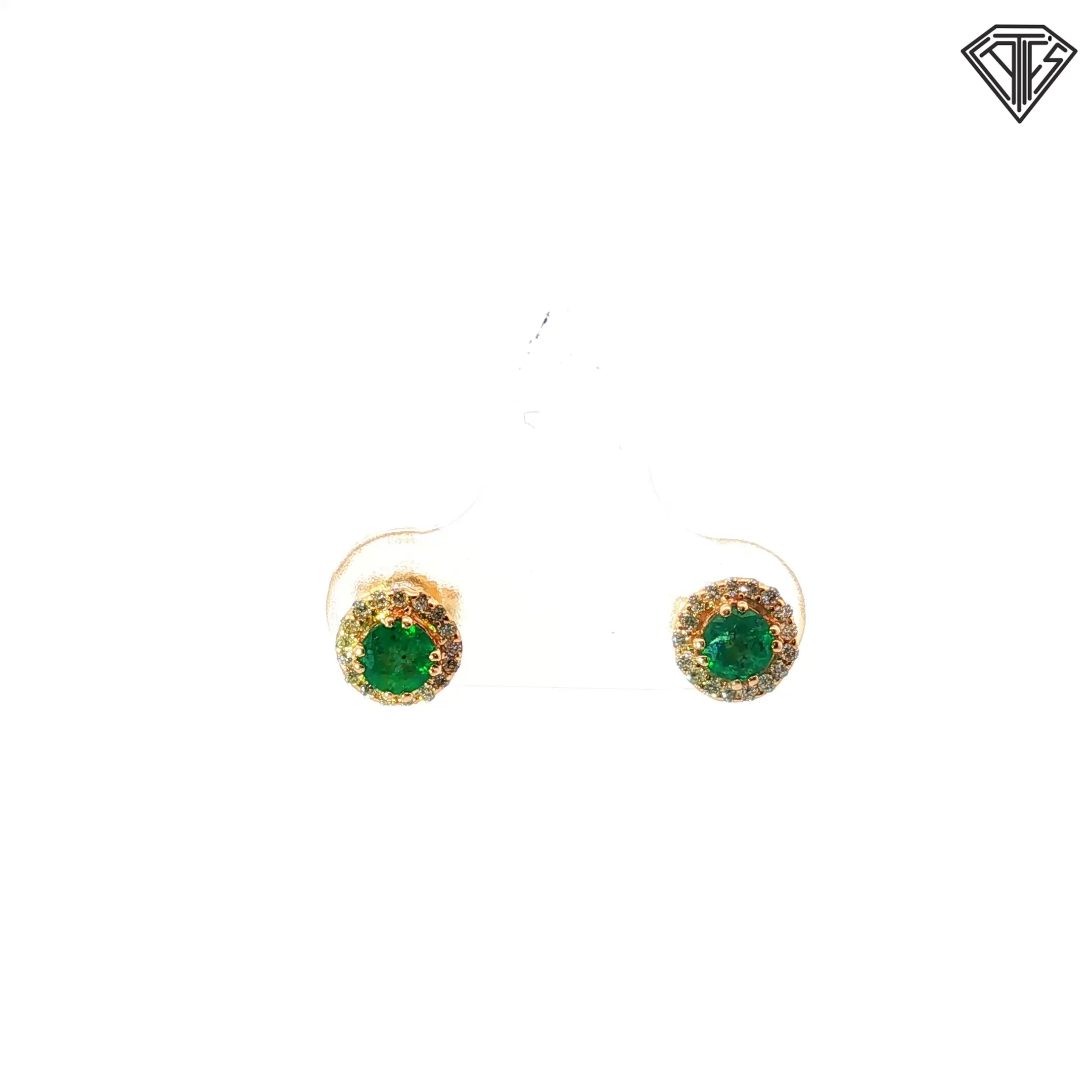 14k Yellow Gold .50ct Round Colombian Emerald with Halo .15ct G SI1 Round Diamond Stud Earrings