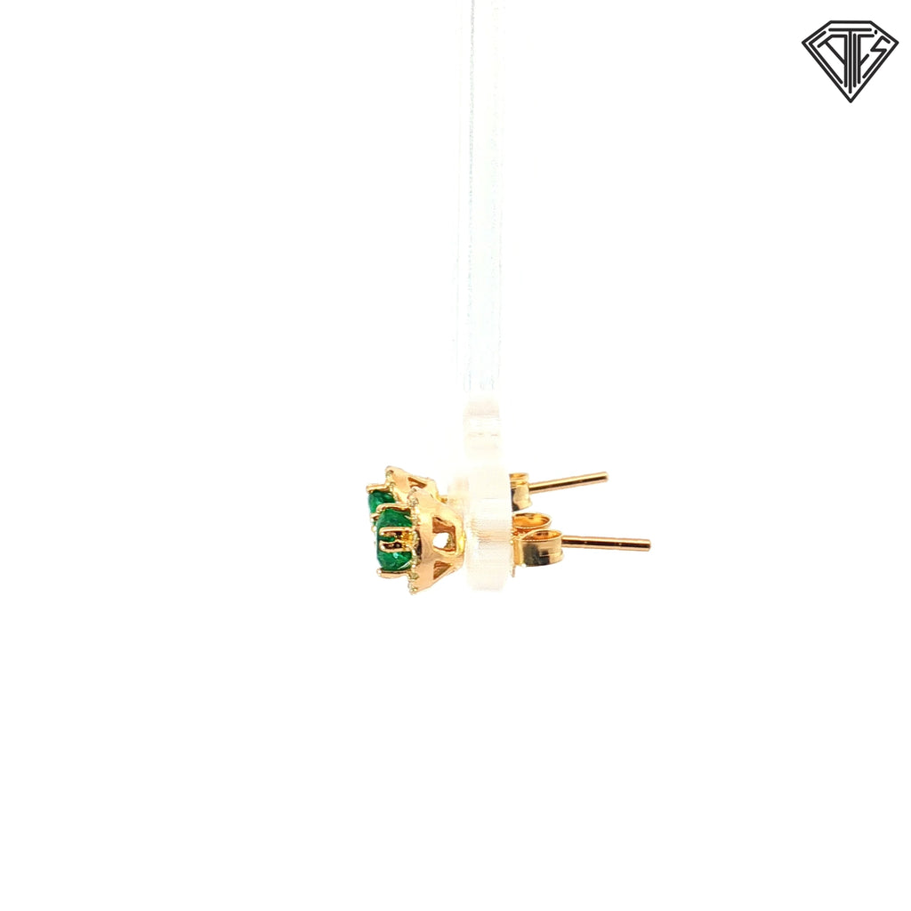 14k Yellow Gold .50ct Round Colombian Emerald with Halo .15ct G SI1 Round Diamond Stud Earrings