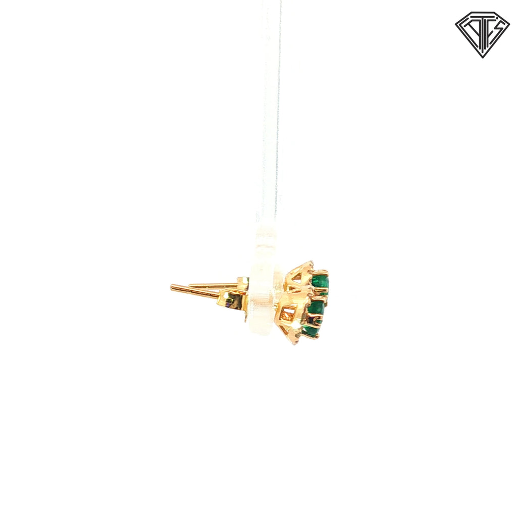 14k Yellow Gold .50ct Round Colombian Emerald with Halo .15ct G SI1 Round Diamond Stud Earrings