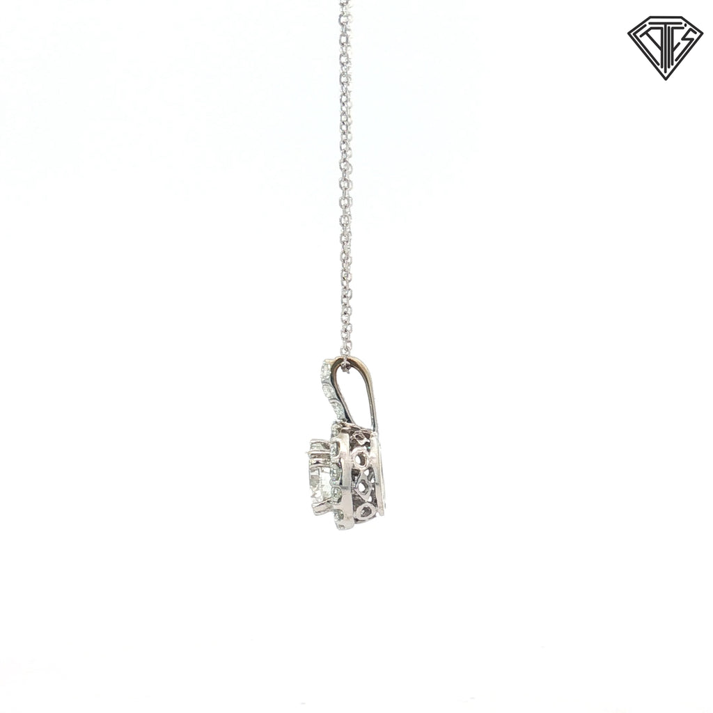 14k White Gold .95ct H VS2 Round Diamond with Halo .25ct G VS2 Round Diamond Pendant