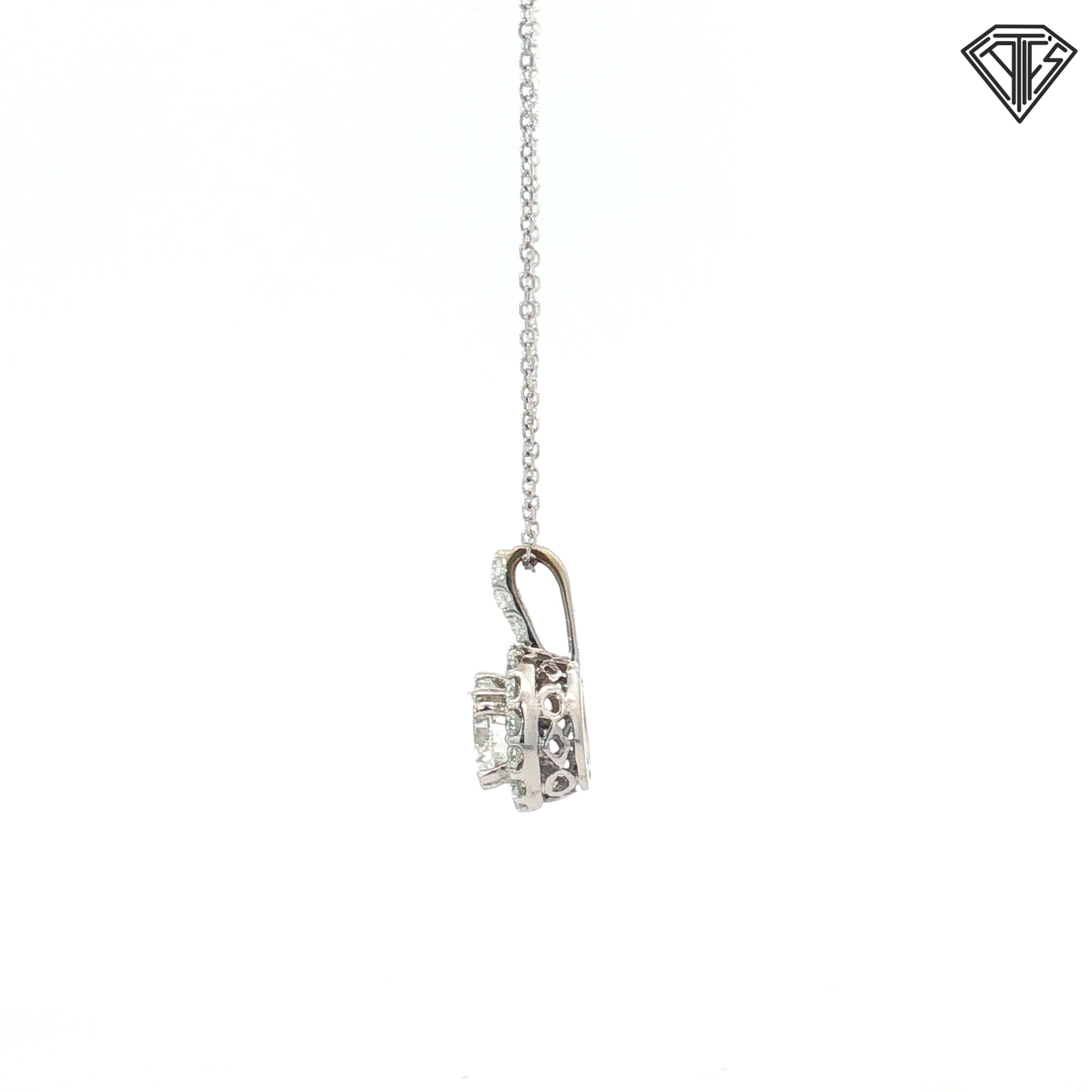 14k White Gold .95ct H VS2 Round Diamond with Halo .25ct G VS2 Round Diamond Pendant