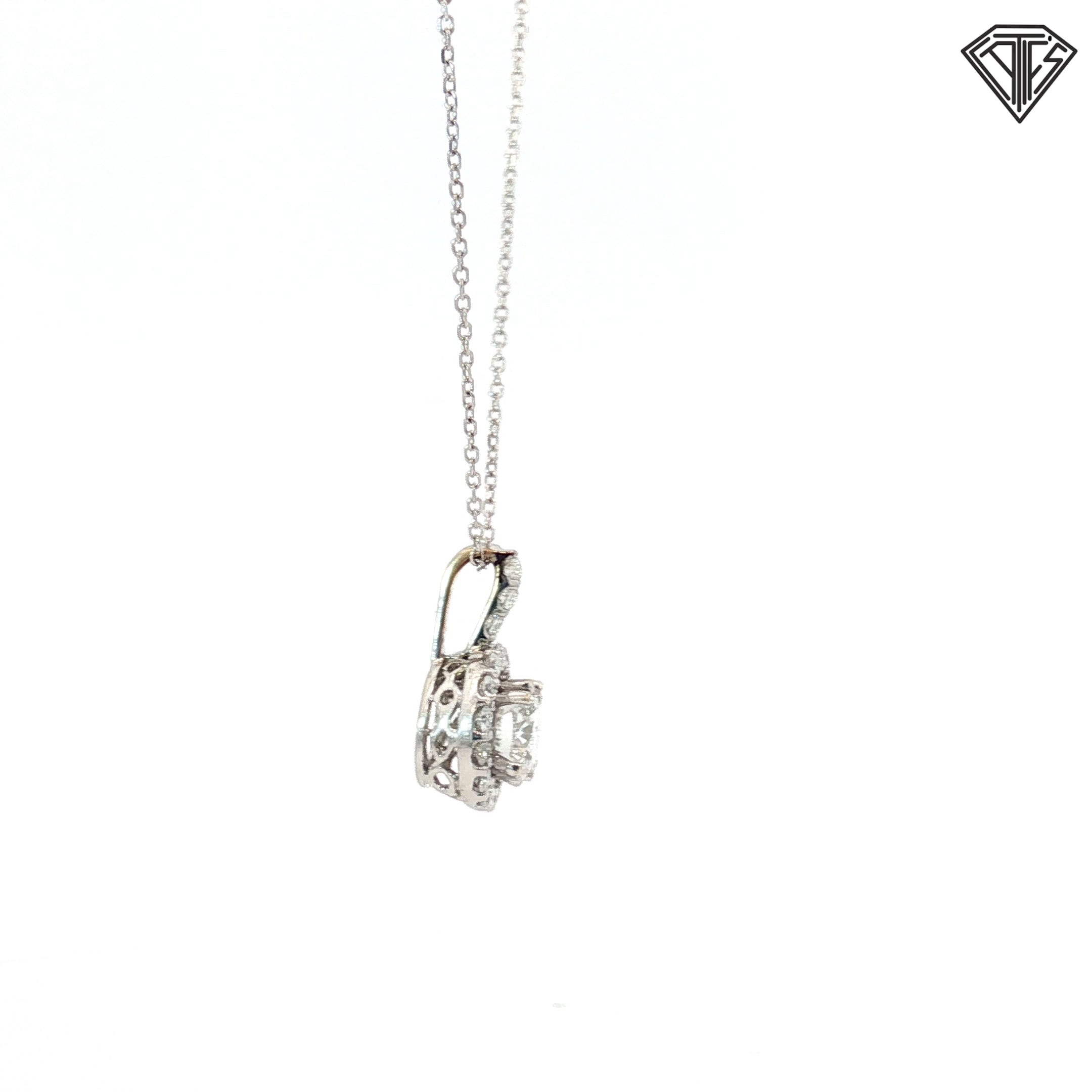 14k White Gold .95ct H VS2 Round Diamond with Halo .25ct G VS2 Round Diamond Pendant