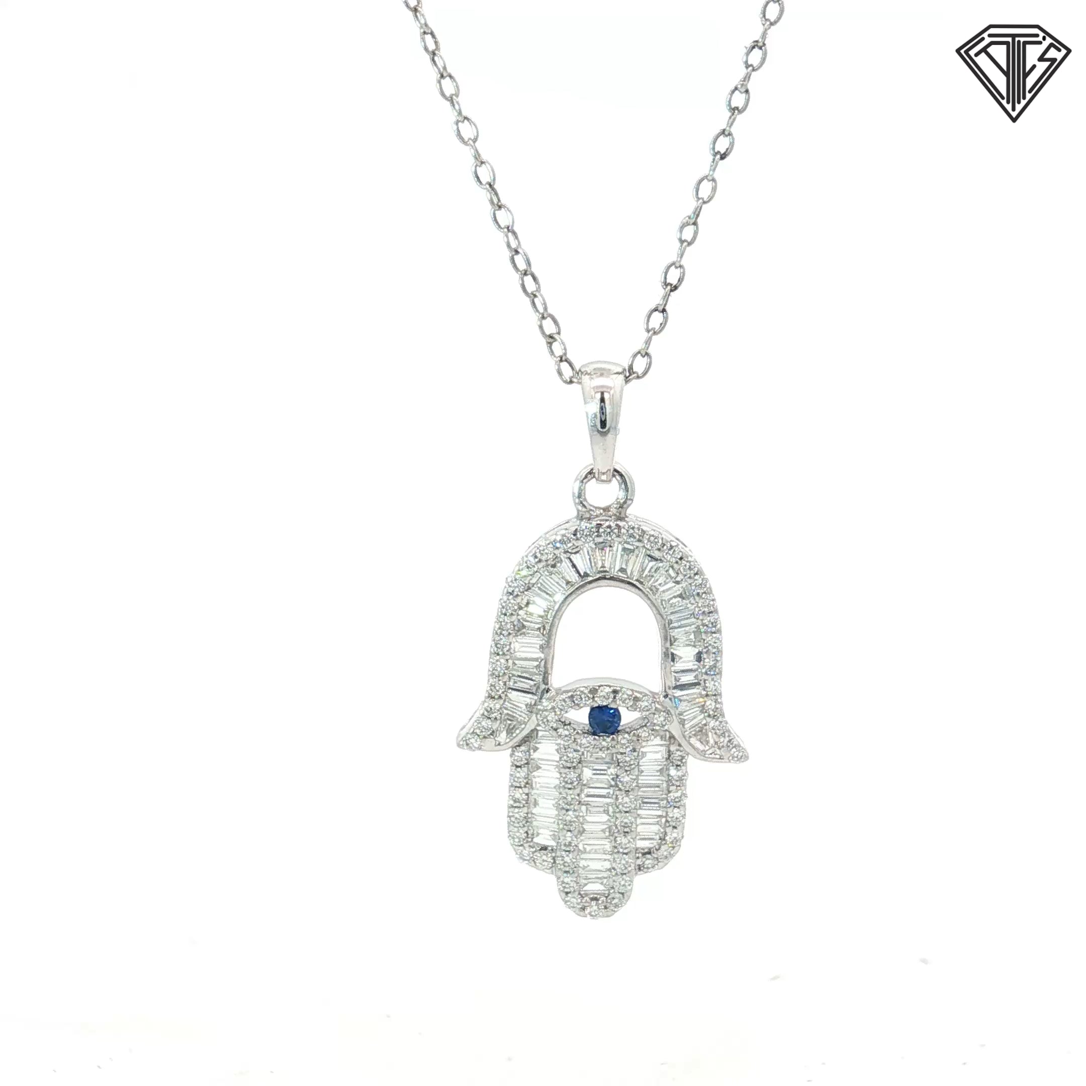 18k White Gold 1.00ct F VS2 Baguette/ Round Diamond Khamsa Evil Eye Pendant