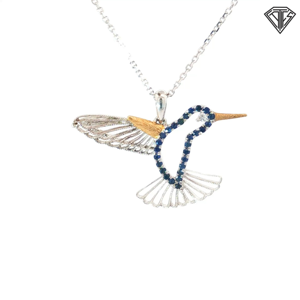 14k Two Tone Gold .25ct Sapphire /.02ct G SI1 Round Diamond Humming Bird Pendant