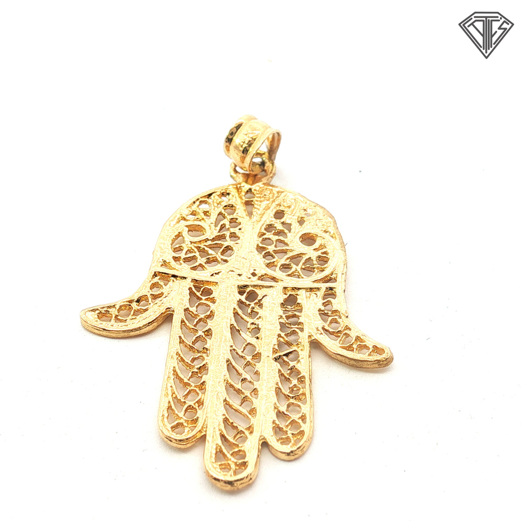 14k Yellow Gold Medium Khamsa Filigree & Diamond Cut Pendant 2.0 Gram