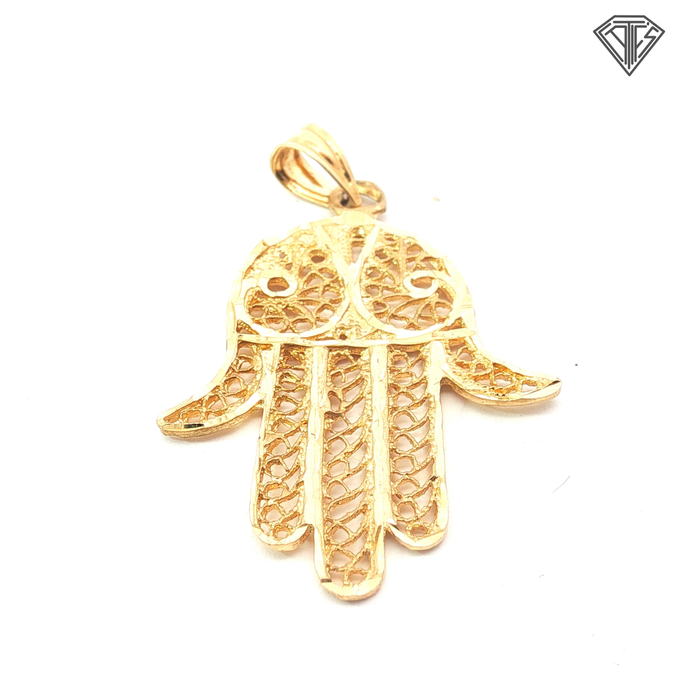 14k Yellow Gold Medium Khamsa Filigree & Diamond Cut Pendant 2.0 Gram