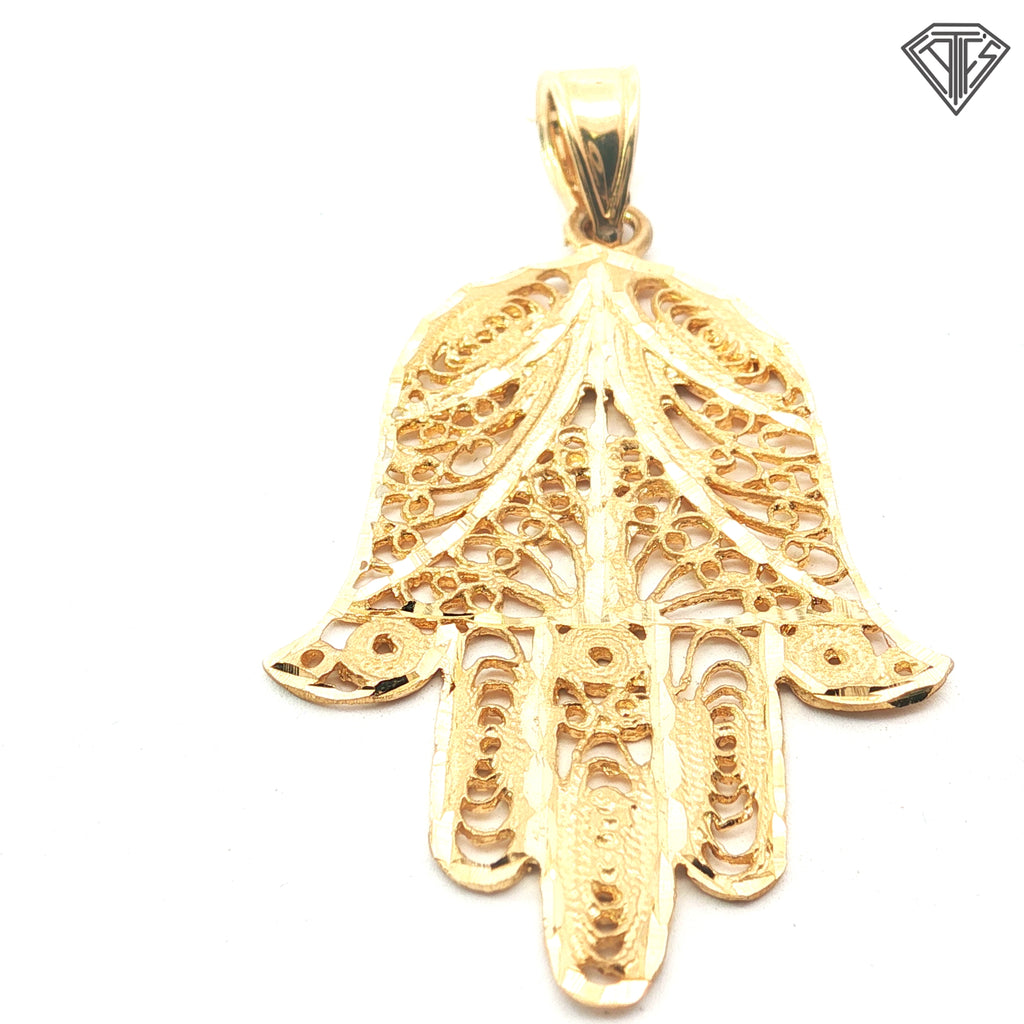 14k Yellow Gold Large Khamsa Filigree & Diamond Cut Finish Pendant 3.2 gram