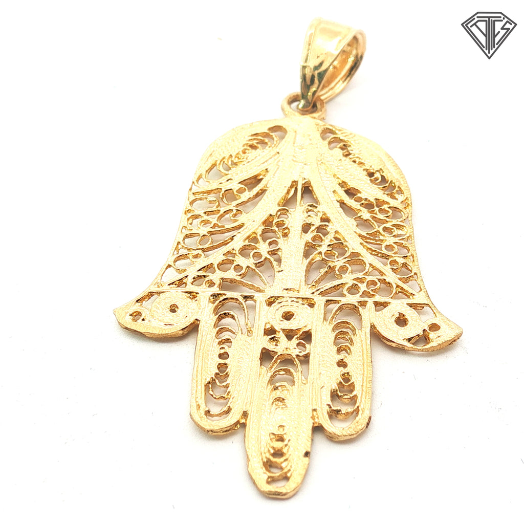 14k Yellow Gold Large Khamsa Filigree & Diamond Cut Finish Pendant 3.2 gram