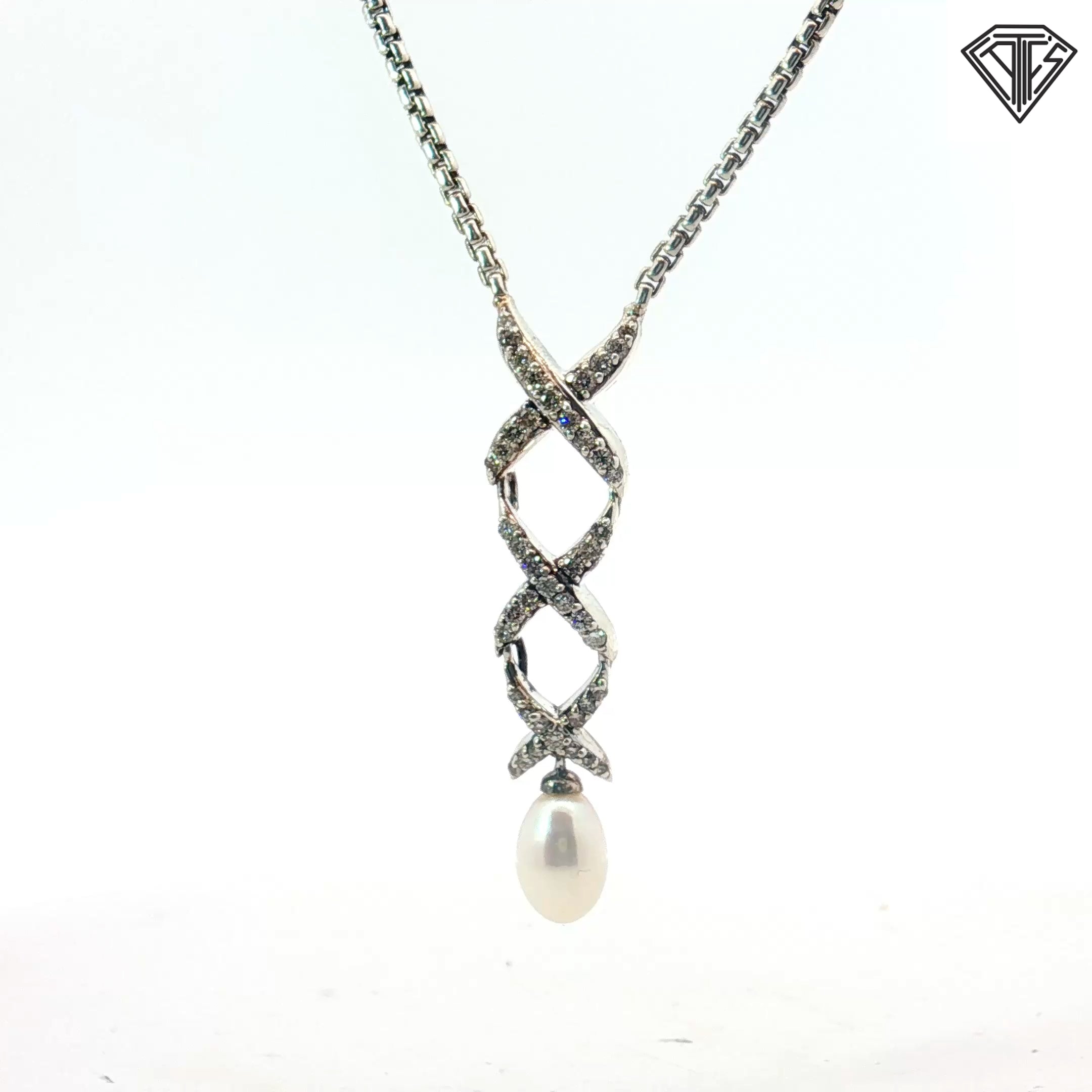 Pre-Owed David Yurman Silver Albion Style Crossover Pearl Necklace 16"inch 1.5mm