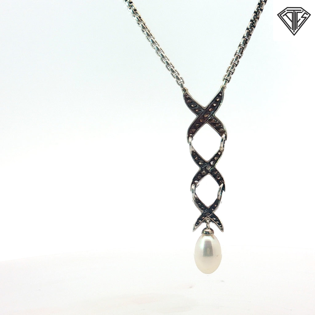 Pre-Owed David Yurman Silver Albion Style Crossover Pearl Necklace 16"inch 1.5mm
