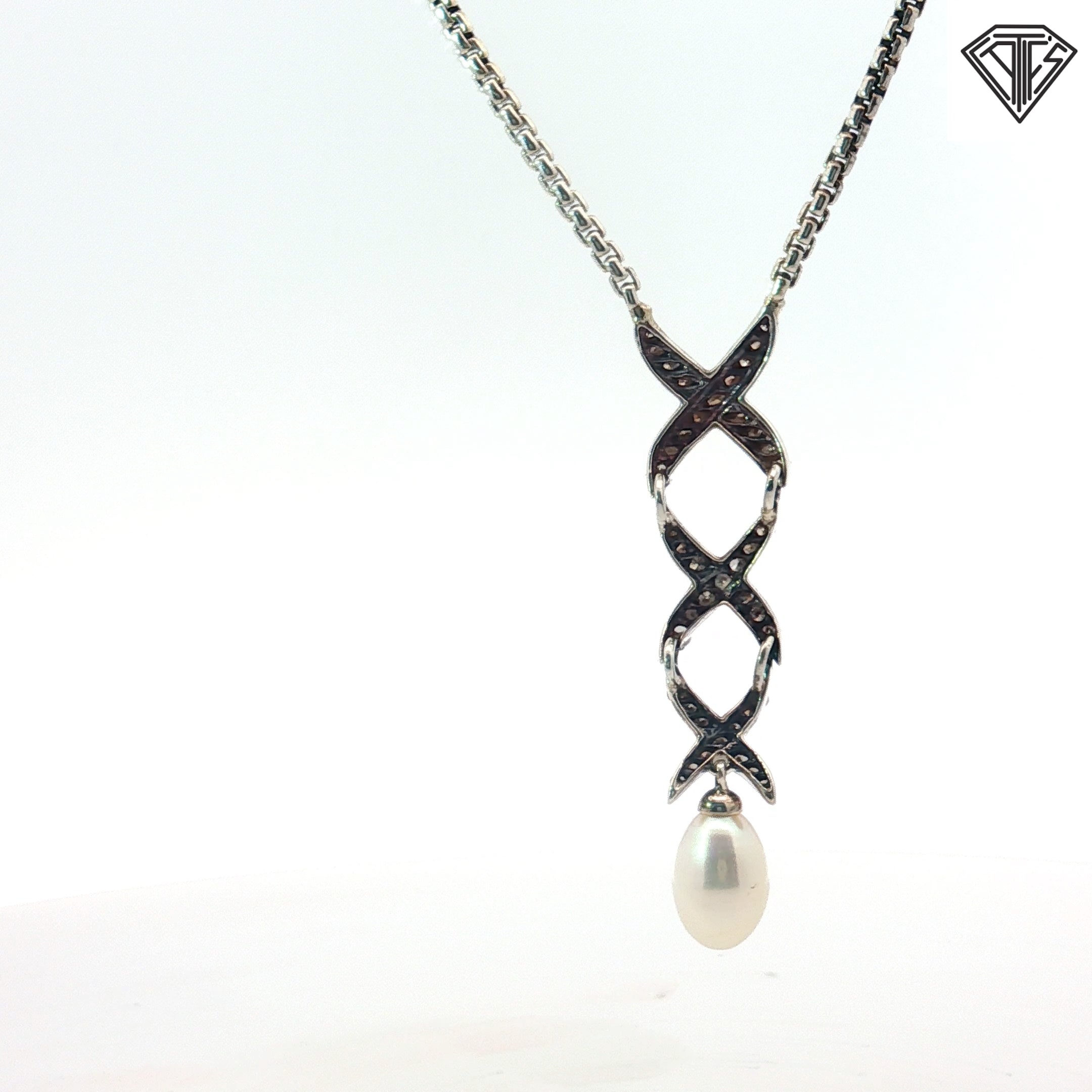 Pre-Owed David Yurman Silver Albion Style Crossover Pearl Necklace 16"inch 1.5mm