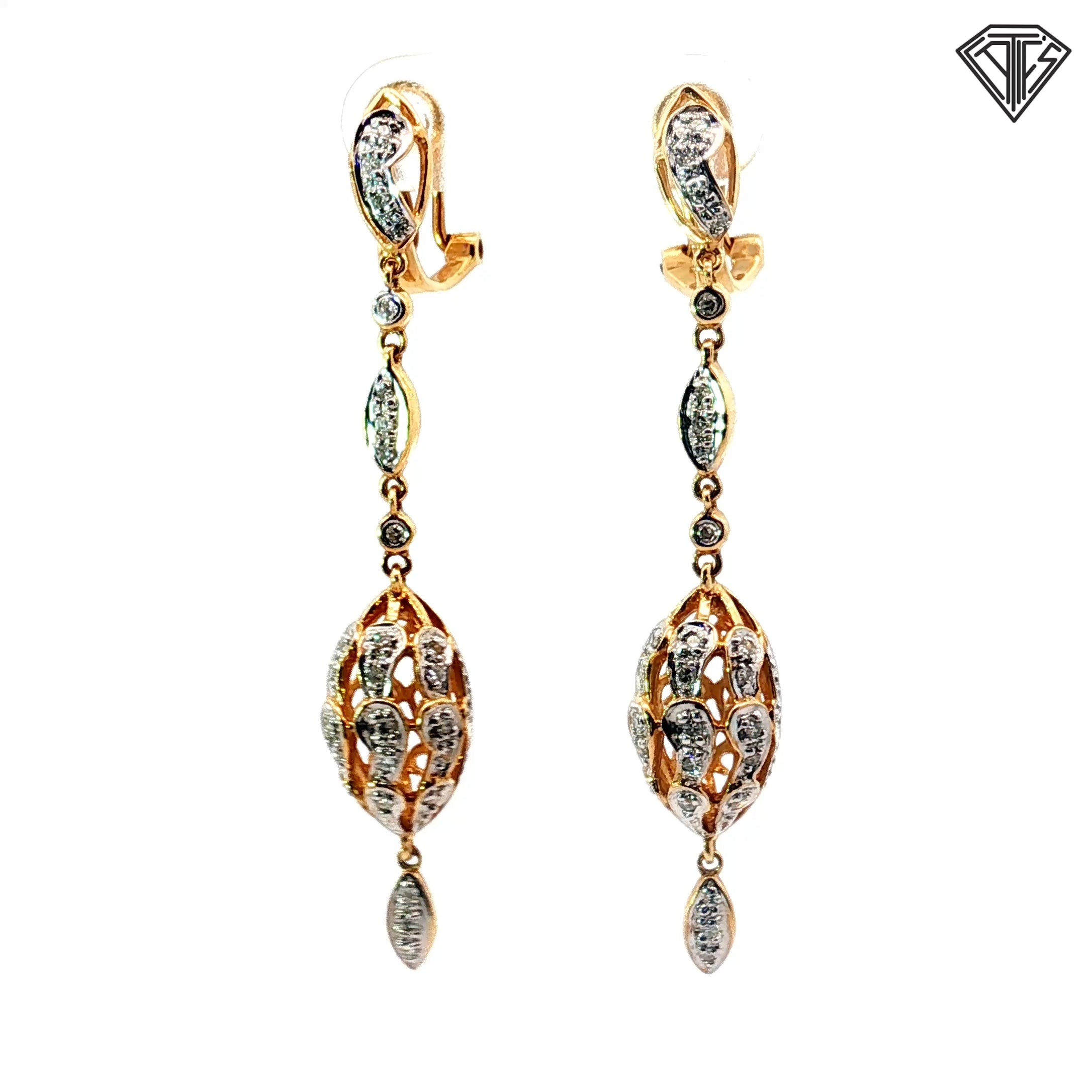 14k Yellow Gold Diamond Accent Multi-Shape Tear Drop Dangle French Hook Earrings 6.2 gram 2"inch