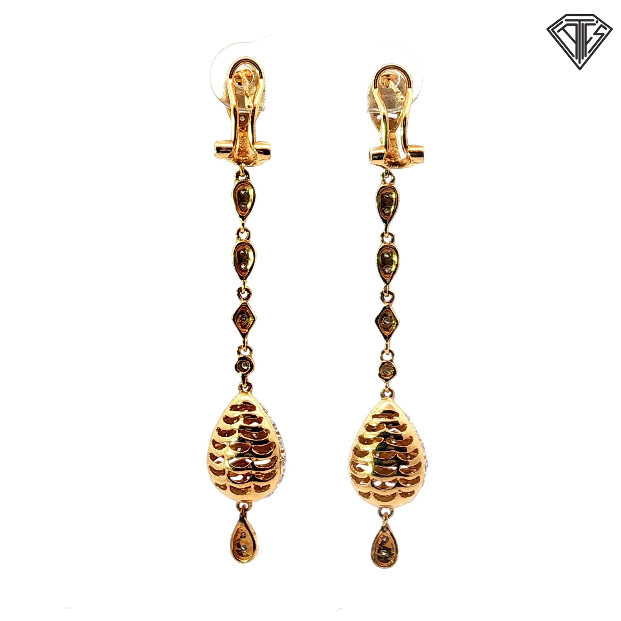 14k Two Tone Diamond Accent Multi-Shape Tear drop Dangle French Hook  Earrings 6.6 gram 2.5"inch