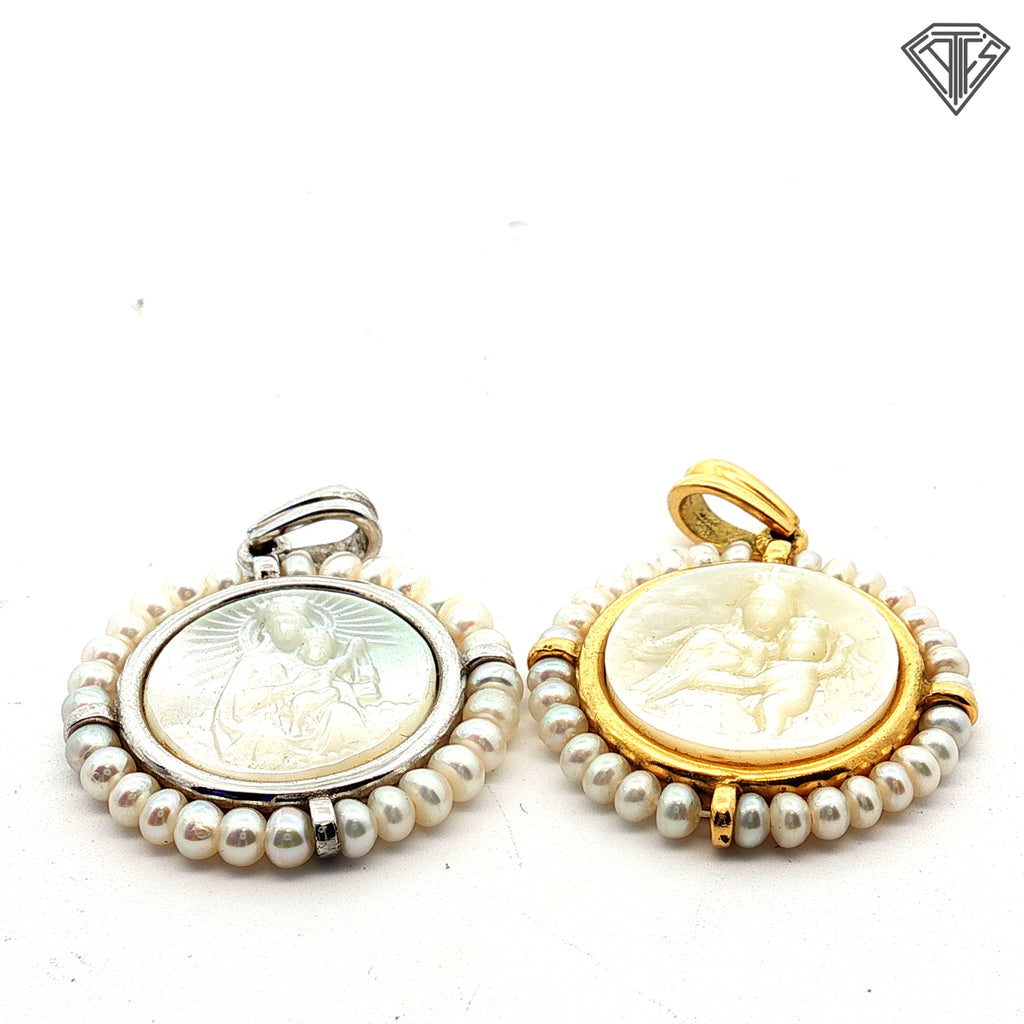 18k Yellow (1) and White (1) Gold Virgin Mary with Baby Jesus Carved Mother of Pearl Surrounded By Seed Pearls 4.7 gram