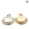18k Yellow (1) and White (1) Gold Virgin Mary with Baby Jesus Carved Mother of Pearl Surrounded By Seed Pearls 4.7 gram
