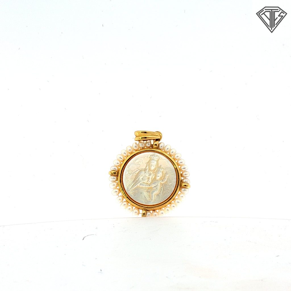18k Yellow (1) and White (1) Gold Virgin Mary with Baby Jesus Carved Mother of Pearl Surrounded By Seed Pearls 4.7 gram
