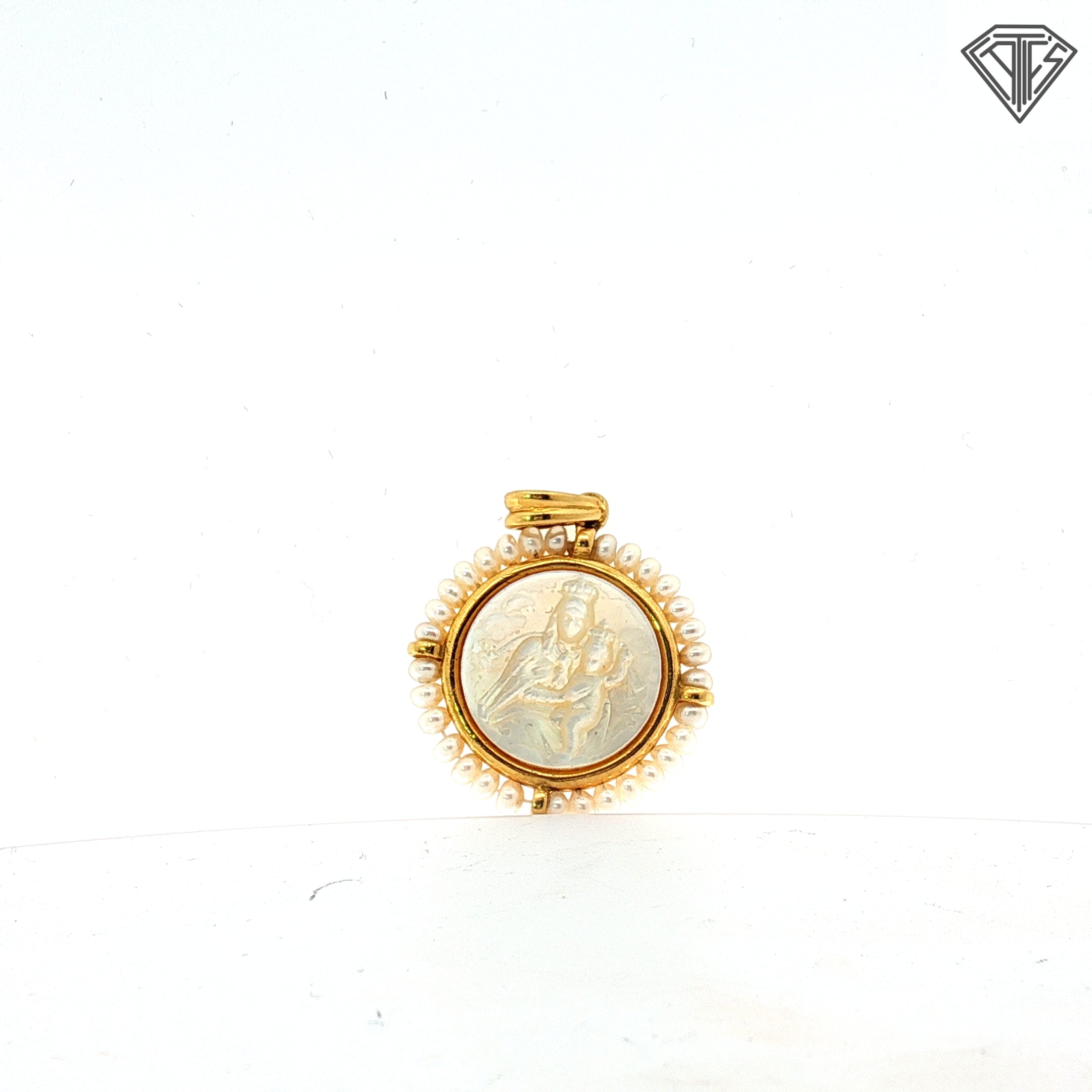 18k Yellow (1) and White (1) Gold Virgin Mary with Baby Jesus Carved Mother of Pearl Surrounded By Seed Pearls 4.7 gram