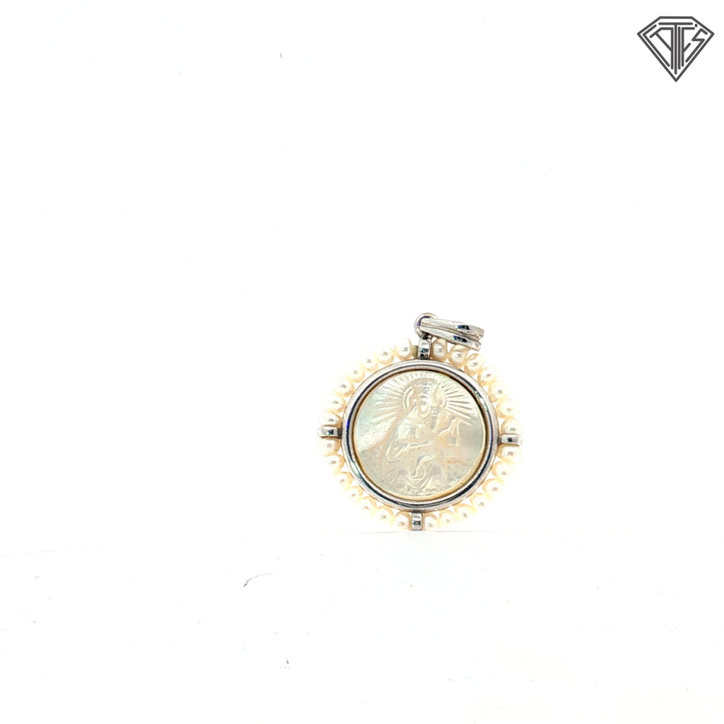 18k Yellow (1) and White (1) Gold Virgin Mary with Baby Jesus Carved Mother of Pearl Surrounded By Seed Pearls 4.7 gram