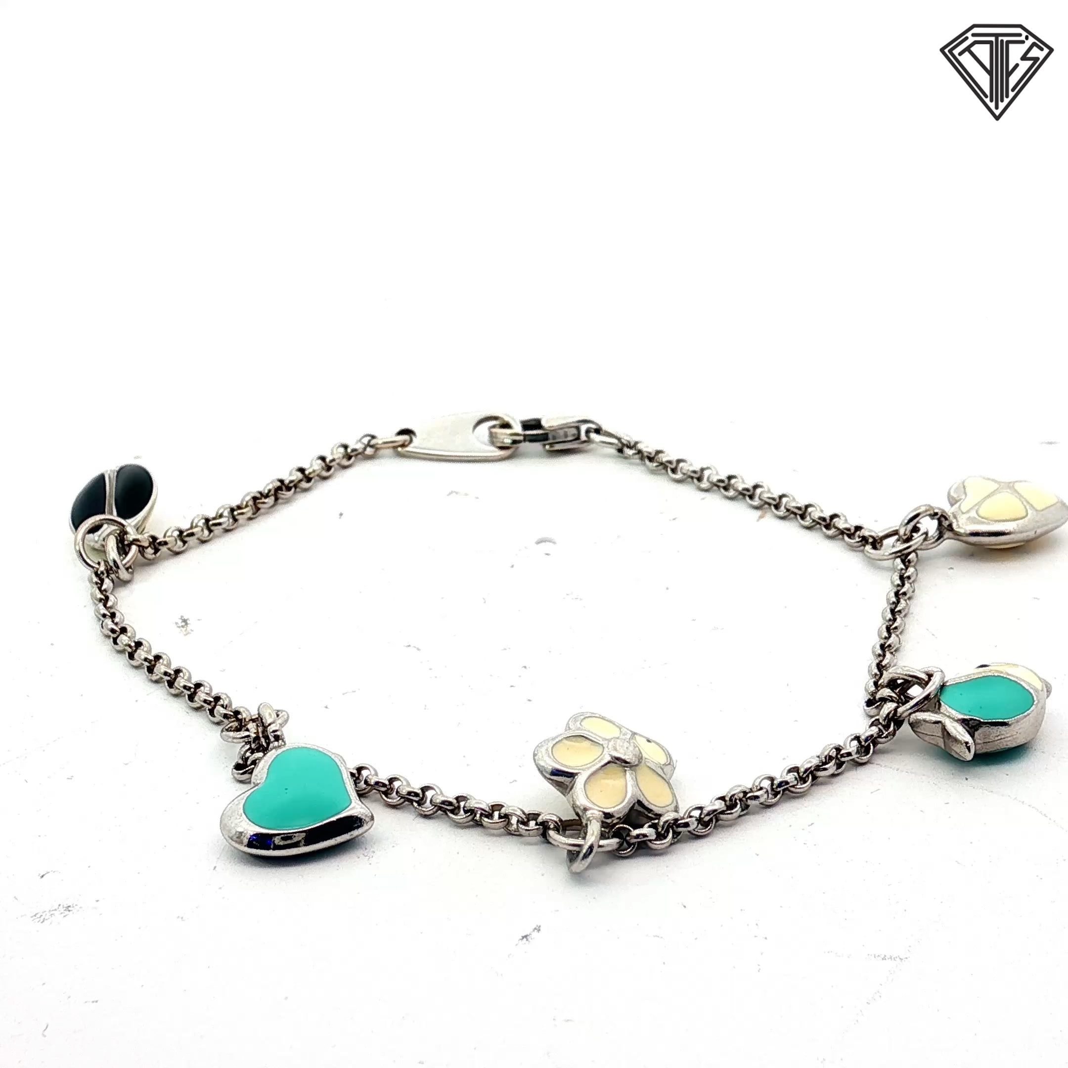 18k White Gold Heart, Lady Bug , Fish and Flower Tiffany Blue Enamel Bracelet 8.5 gram  6"inch