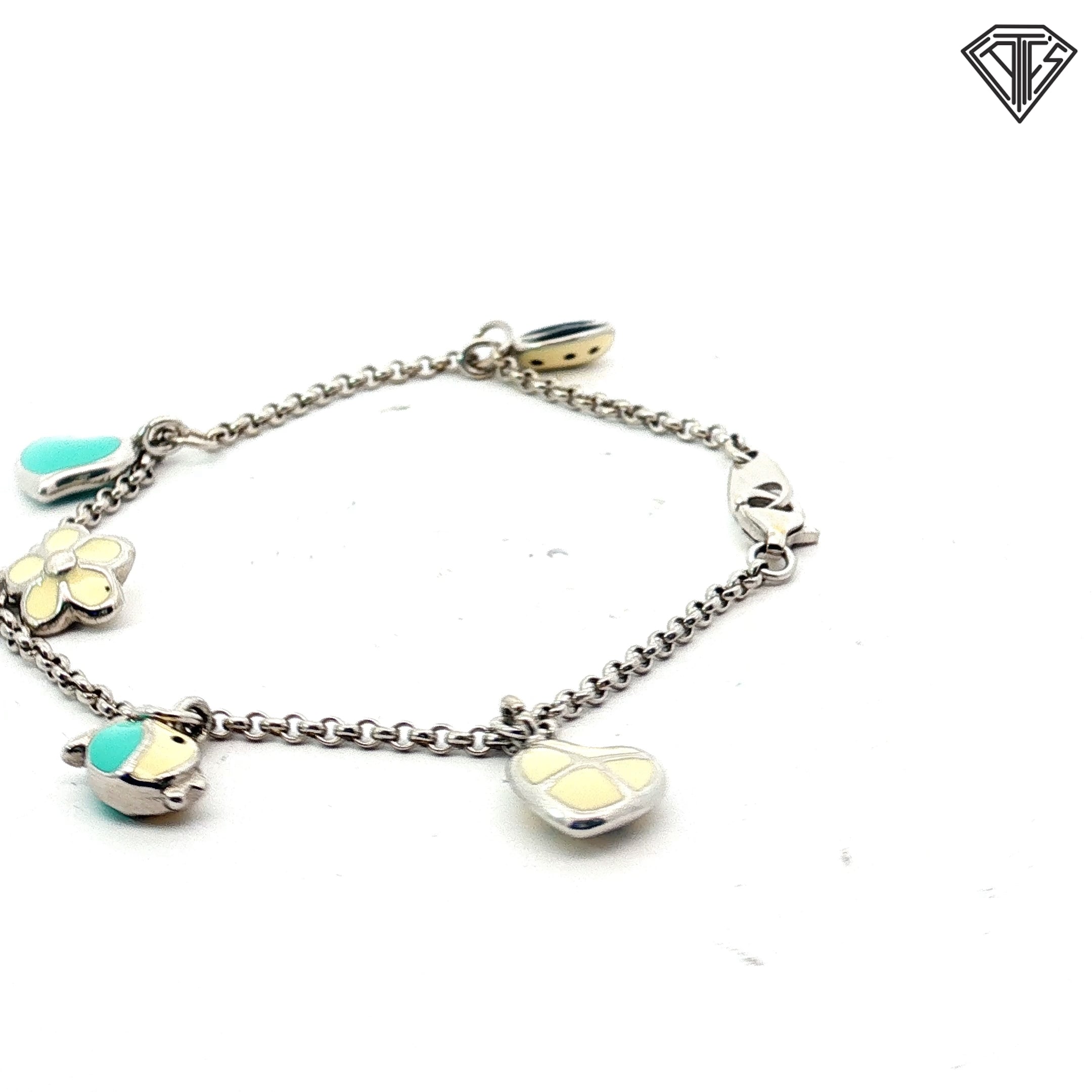 18k White Gold Heart, Lady Bug , Fish and Flower Tiffany Blue Enamel Bracelet 8.5 gram  6"inch