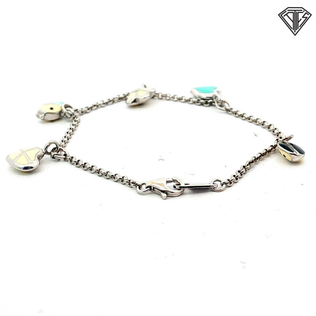 18k White Gold Heart, Lady Bug , Fish and Flower Tiffany Blue Enamel Bracelet 8.5 gram  6"inch
