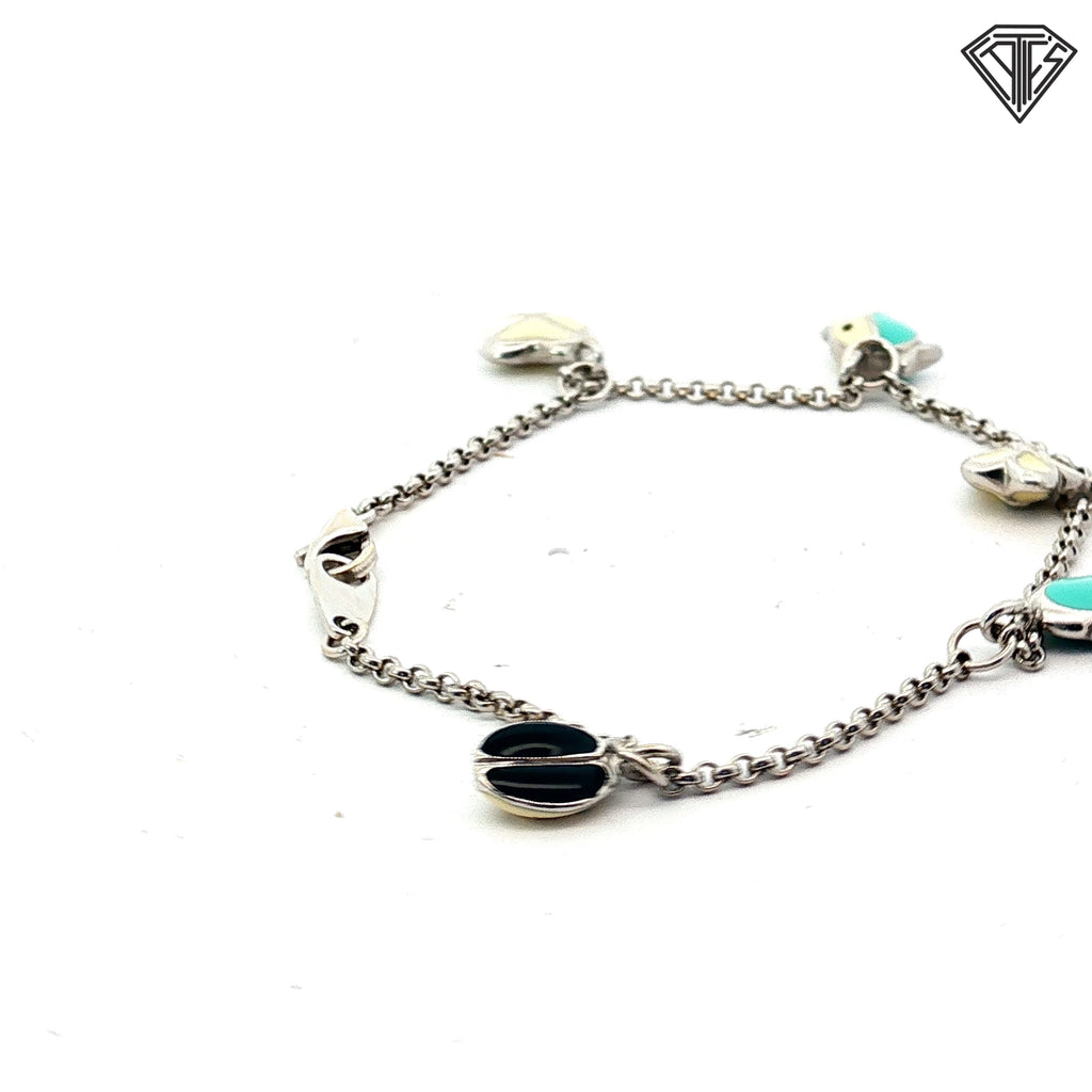 18k White Gold Heart, Lady Bug , Fish and Flower Tiffany Blue Enamel Bracelet 8.5 gram  6"inch