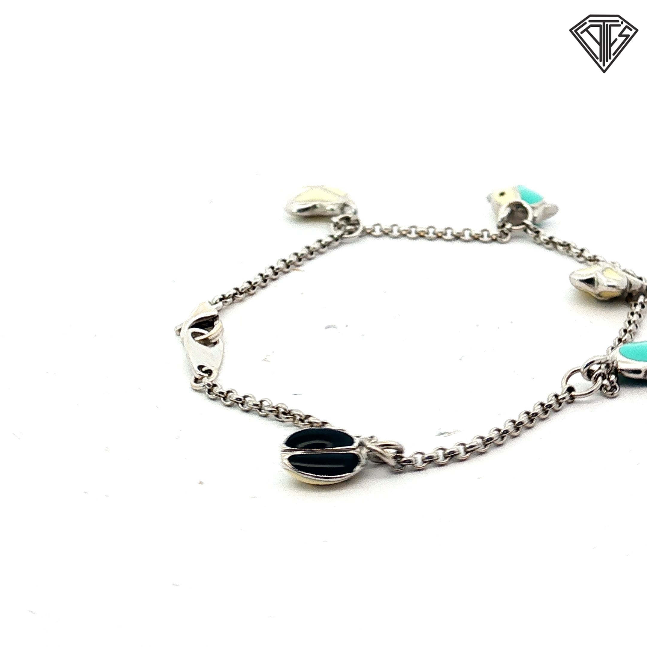 18k White Gold Heart, Lady Bug , Fish and Flower Tiffany Blue Enamel Bracelet 8.5 gram  6"inch