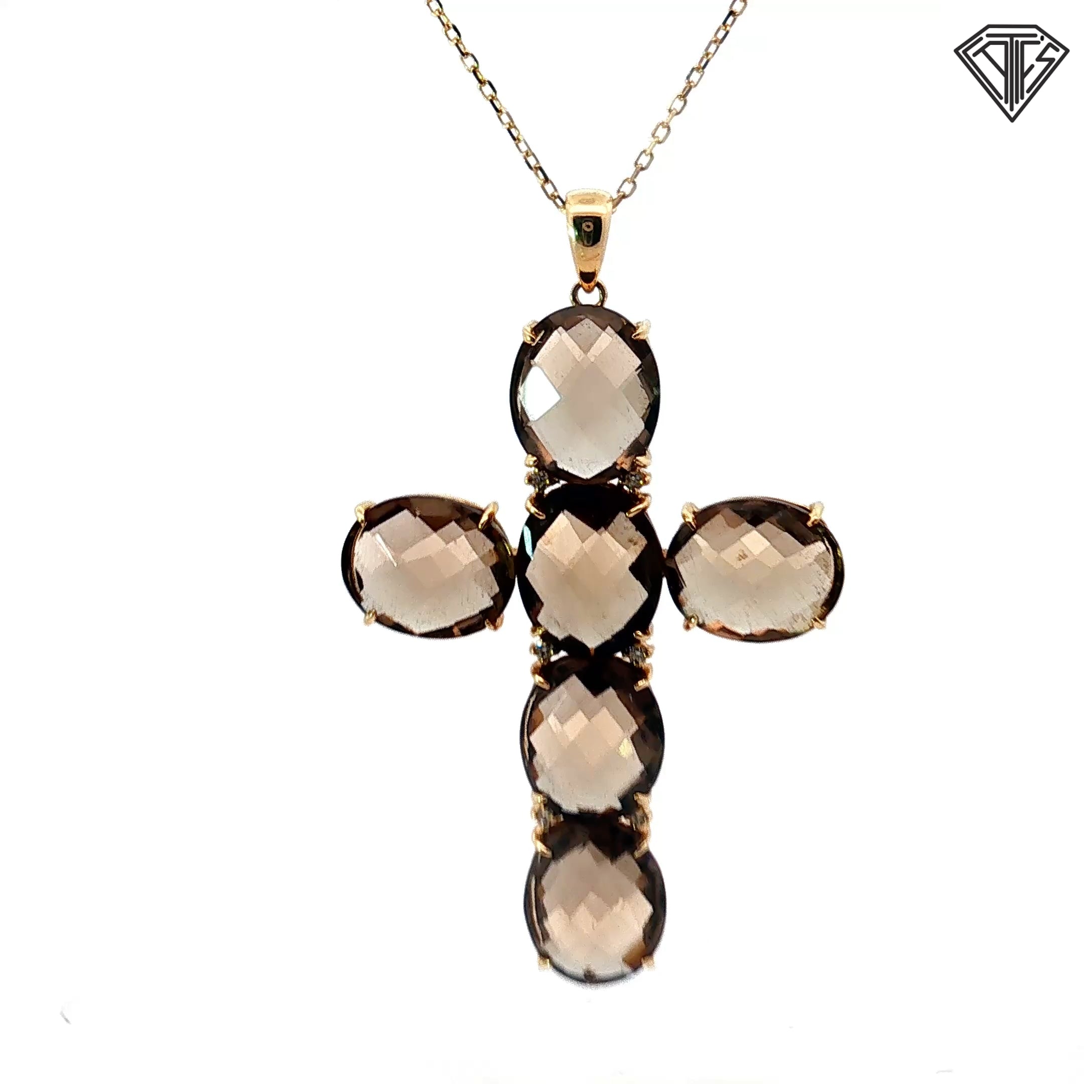 14k Yellow Gold Oval Checker Board Cut Smokey Quartz / Round Diamond Cross 2x 1 1/4"  12x10  9.5 gram