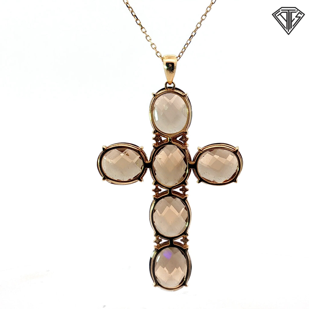 14k Yellow Gold Oval Checker Board Cut Smokey Quartz / Round Diamond Cross 2x 1 1/4"  12x10  9.5 gram