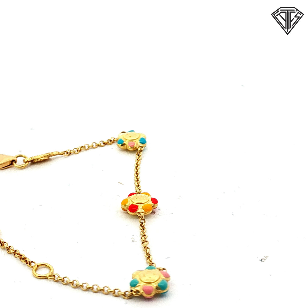 18k Yellow Gold Flower Enamel Baby Bracelet 2.6 gram 5"inch