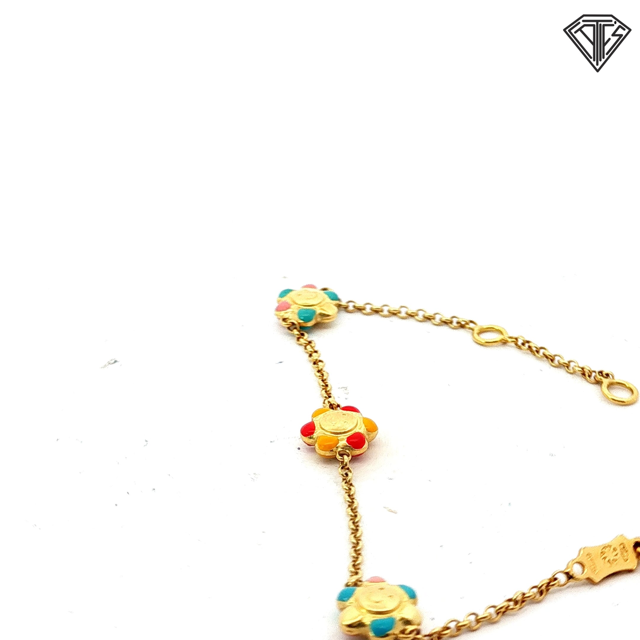 18k Yellow Gold Flower Enamel Baby Bracelet 2.6 gram 5"inch